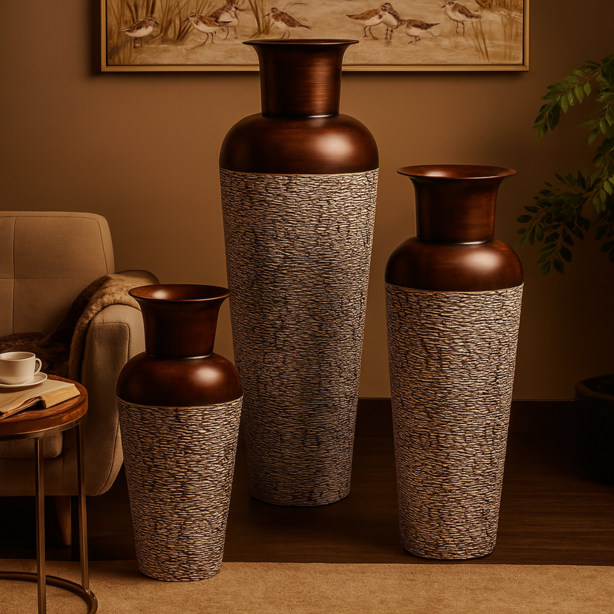 Set of 3 Metal Tall Tapered Floor Decorative Vase with Brown Trumpet Tops Set of 3 18", 39", 28"H