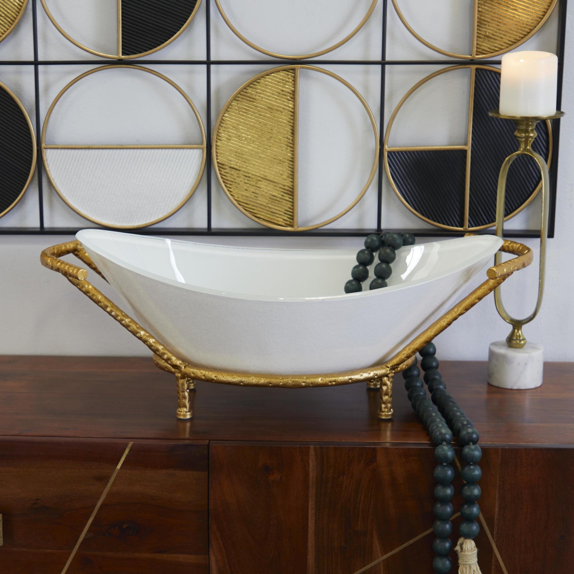 CosmoLiving by Cosmopolitan Kitchen White Glass Decorative Serving Bowl with Gold Metal Stand