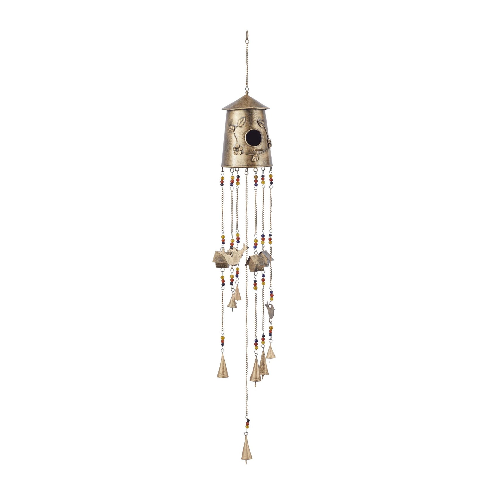 Bronze Metal Handmade Birdhouse Indoor Outdoor Windchime with Glass Beads and Bells