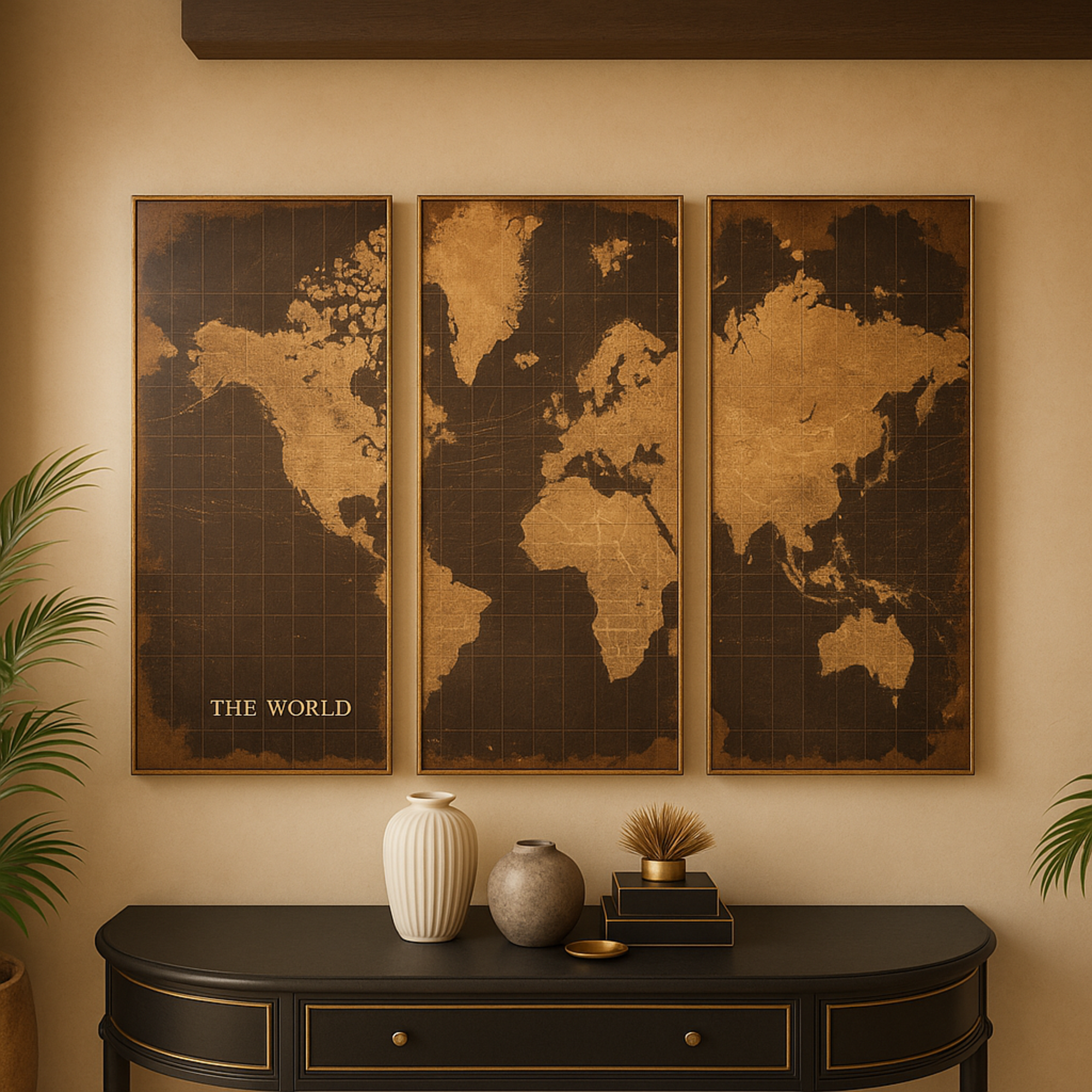 Set of 3 World Map Black Wood Panel Home Wall Decor with Brown Vintage Distressing
