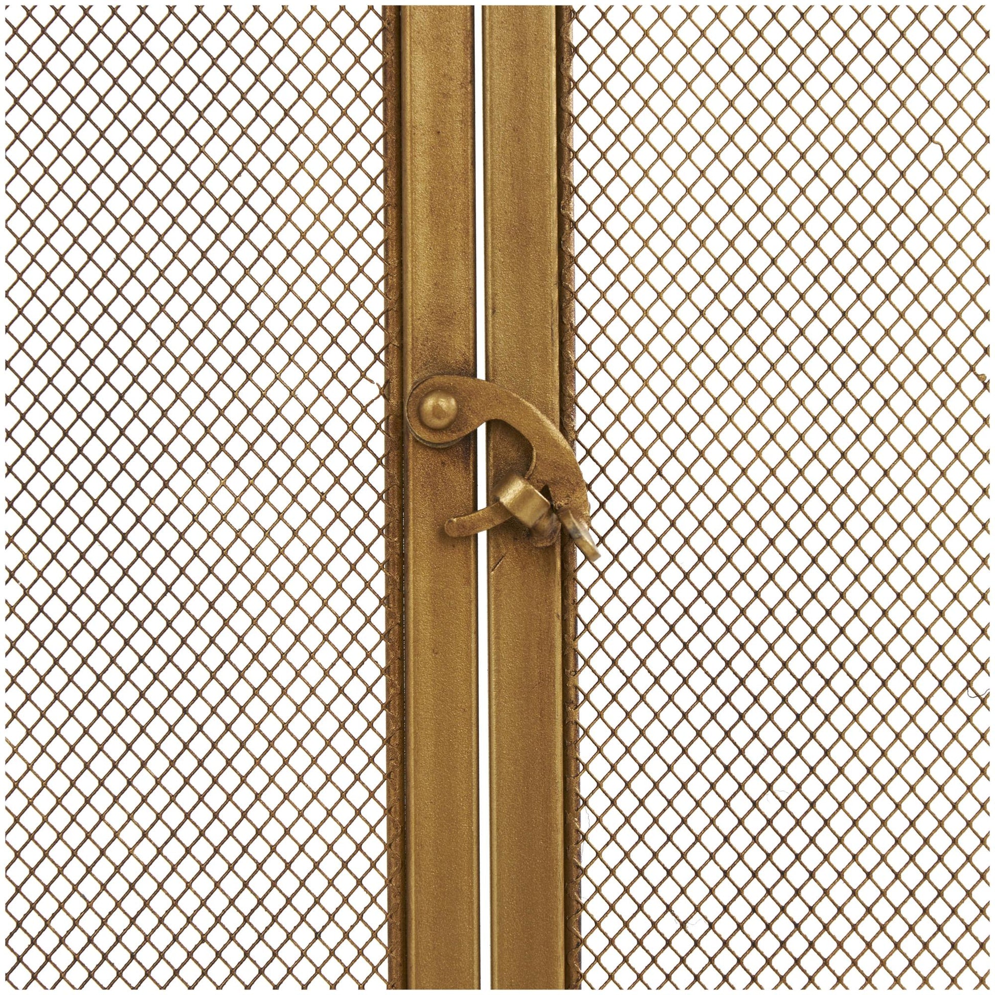 Gold Metal Geometric Single Panel Living Room Fireplace Screen with Latched Doors and Arched Feet