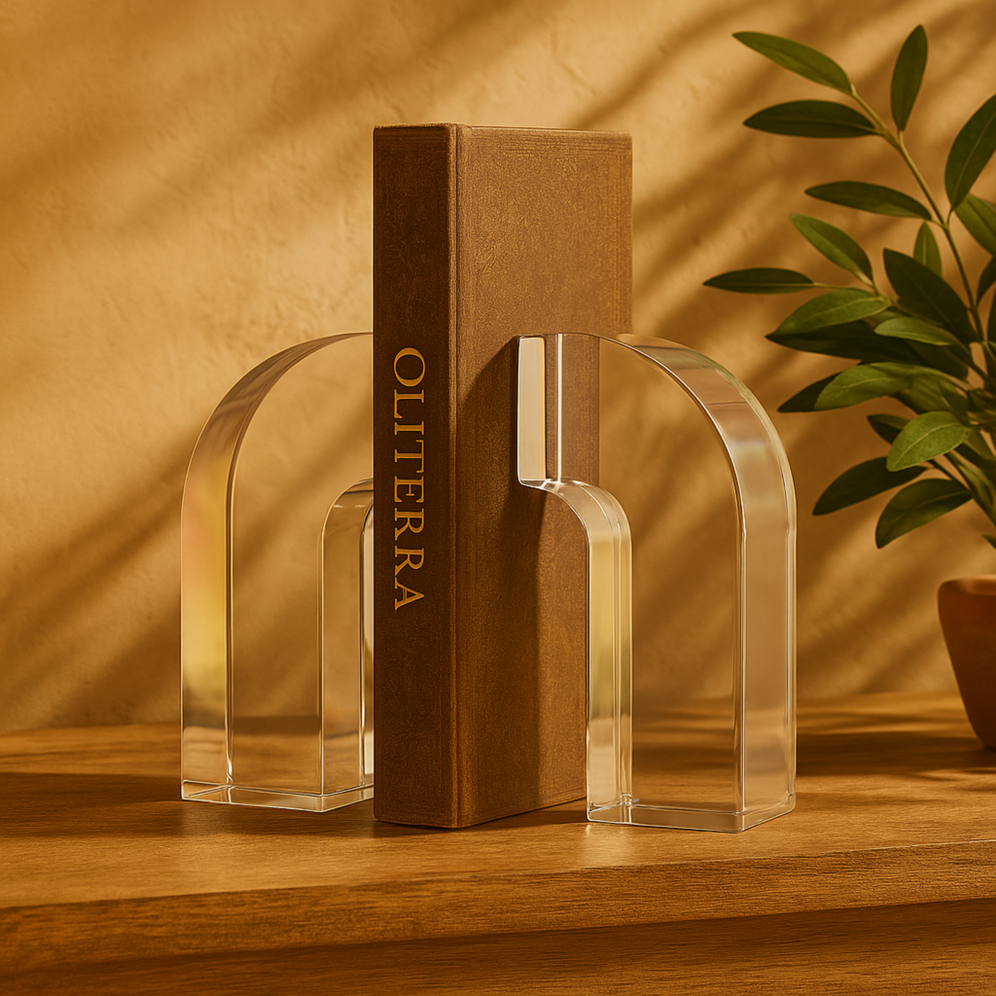 Set of 2 Geometric Clear Crystal Arched Decorative Bookends