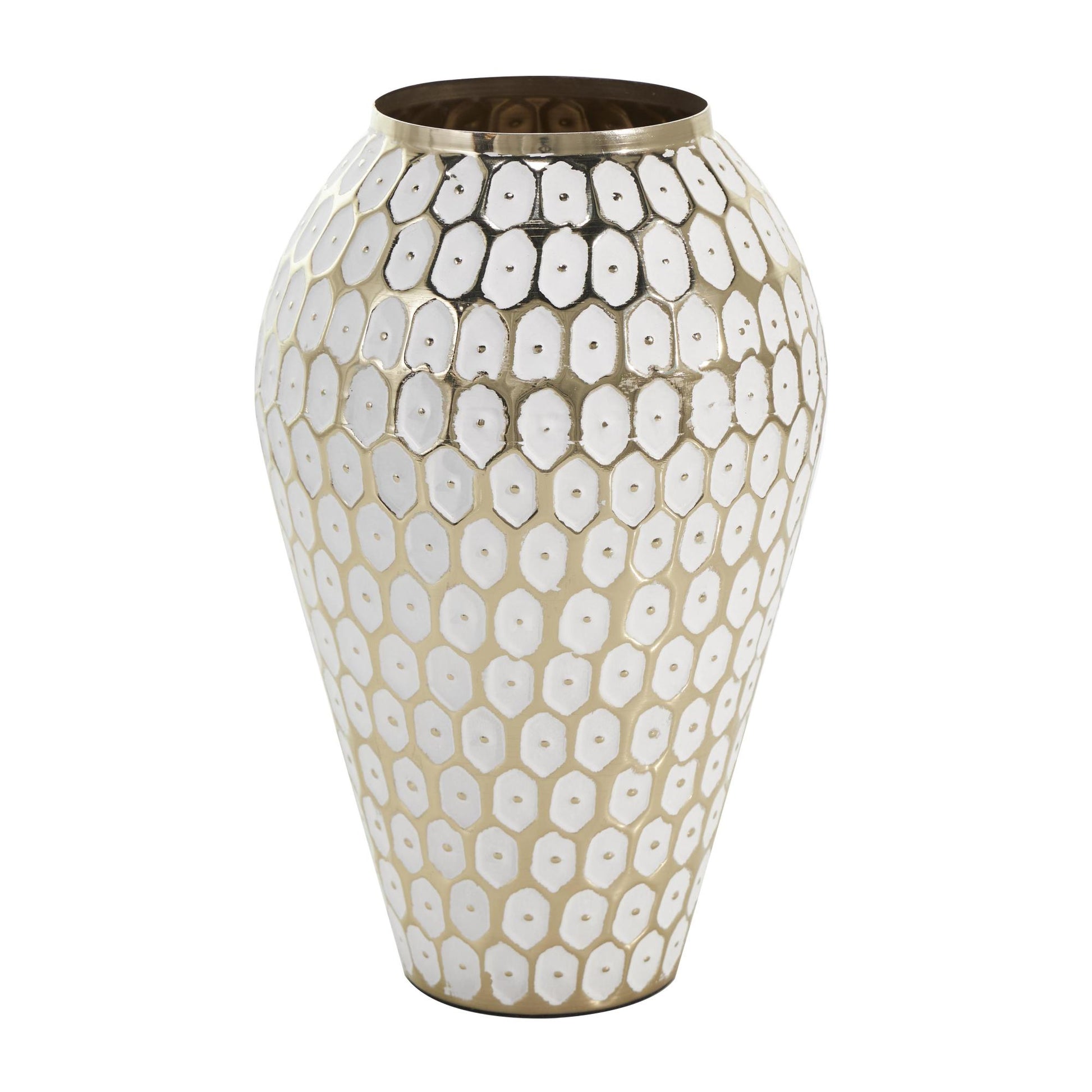 Geometric Gold Metal Geometric Dot Decorative Vase with White Accents