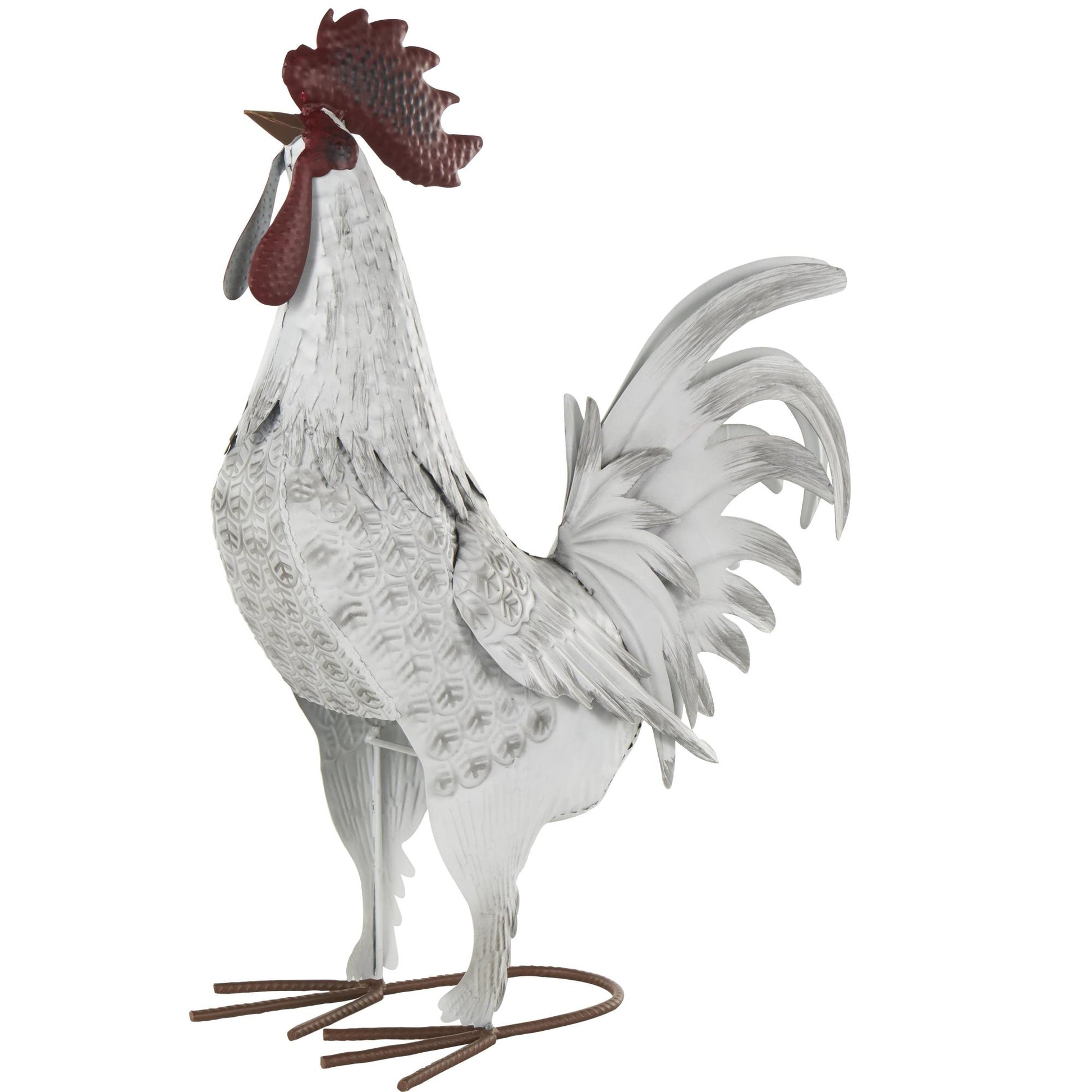 Rooster White Metal Decorative Garden Sculpture with Black Texturing and Red Accents