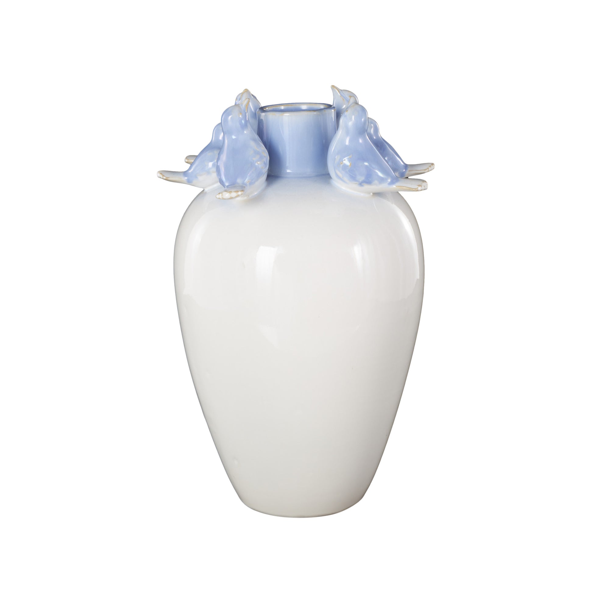 Bird White Ceramic Decorative Vase with Blue Accents