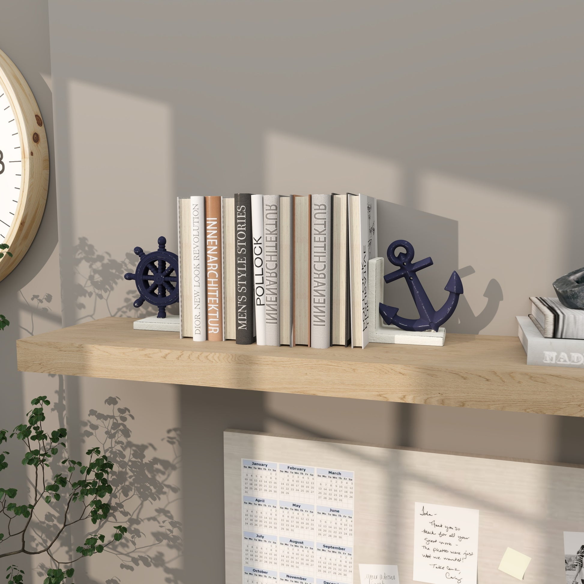 Set of 2 Ship Wheel Blue Metal Anchor Decorative Bookends