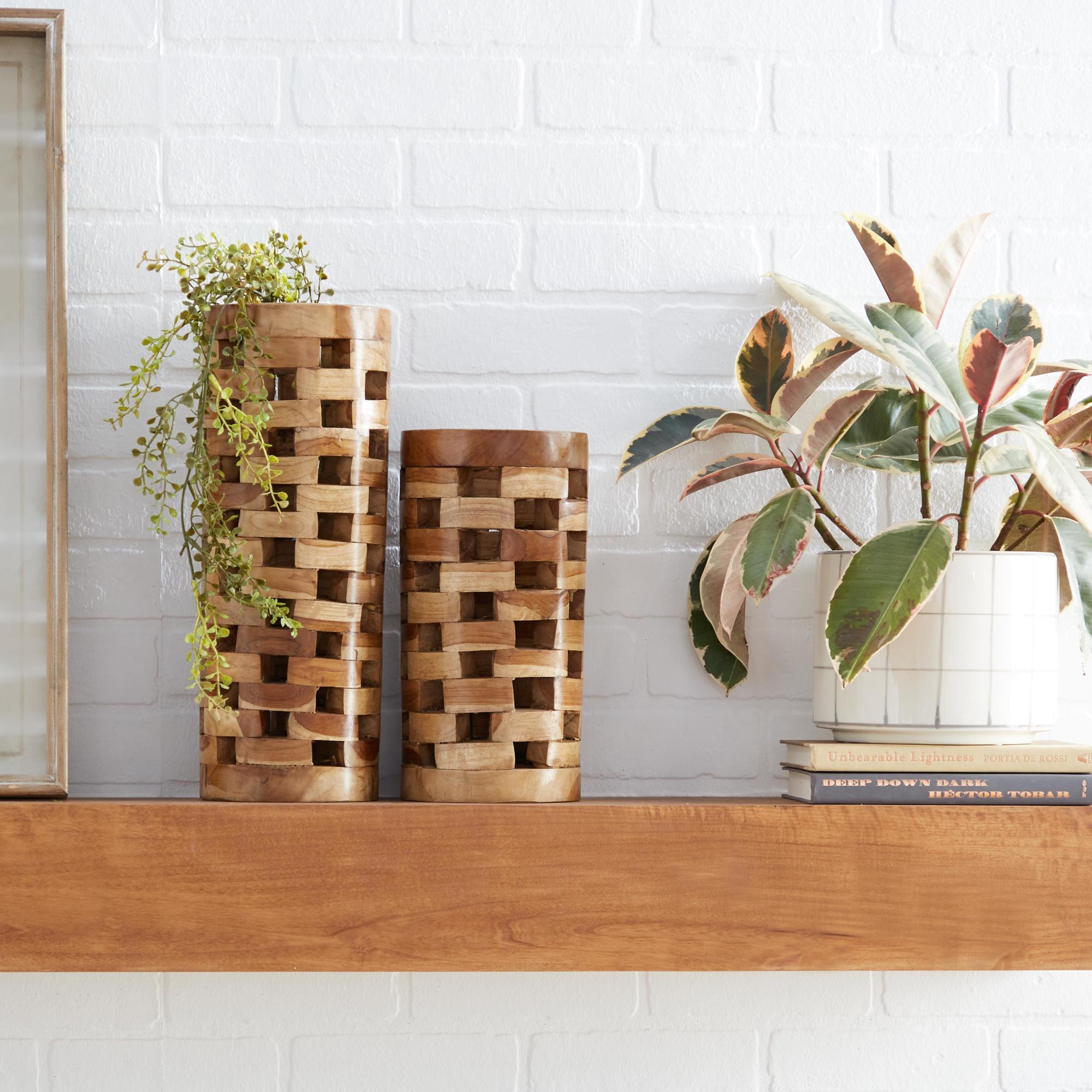 Set of 2 Brown Teak Wood Handmade Decorative Vase with Cut Out Patterns