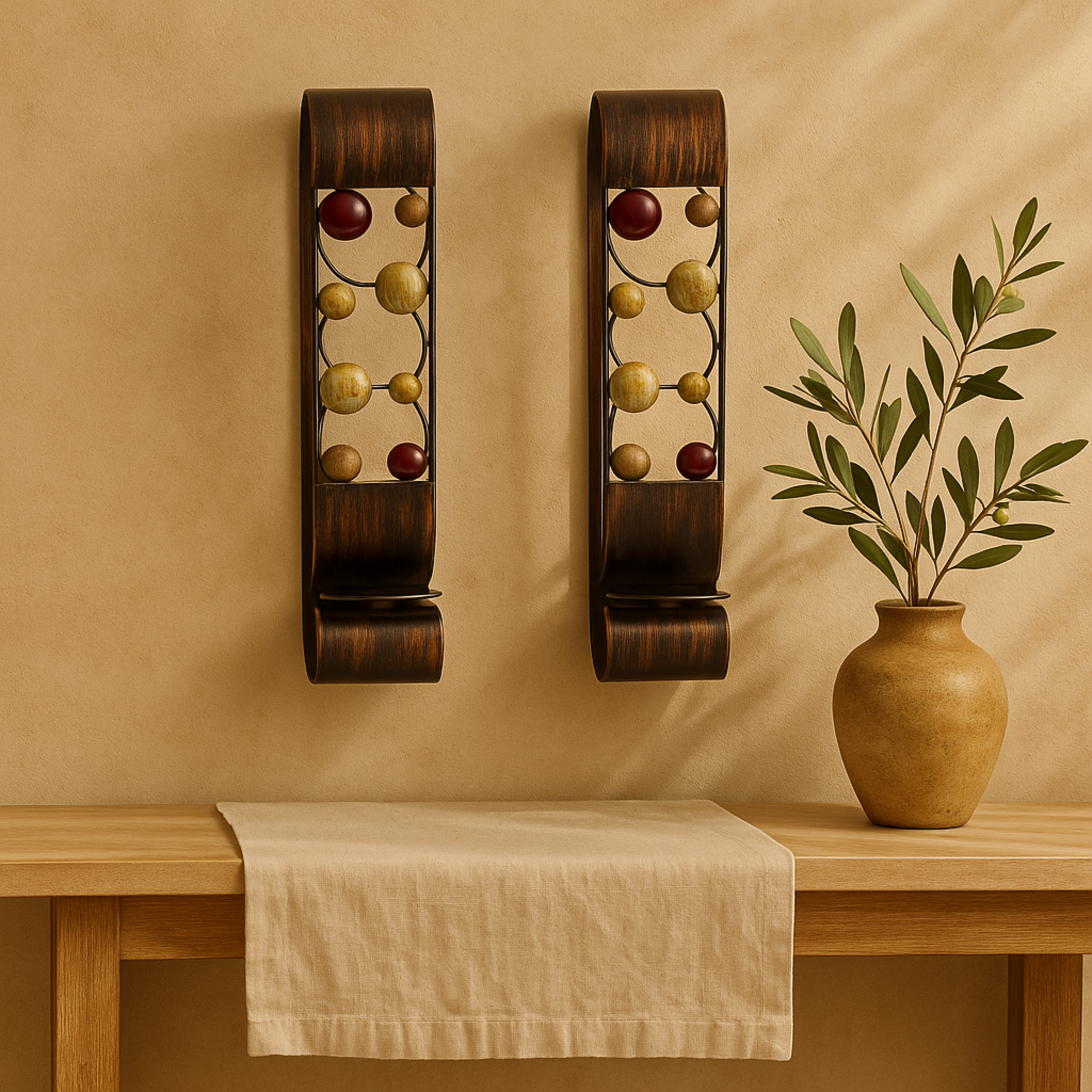 Set of 2 Abstract Brown Metal 2 Candle Indoor Outdoor Wall Sconce