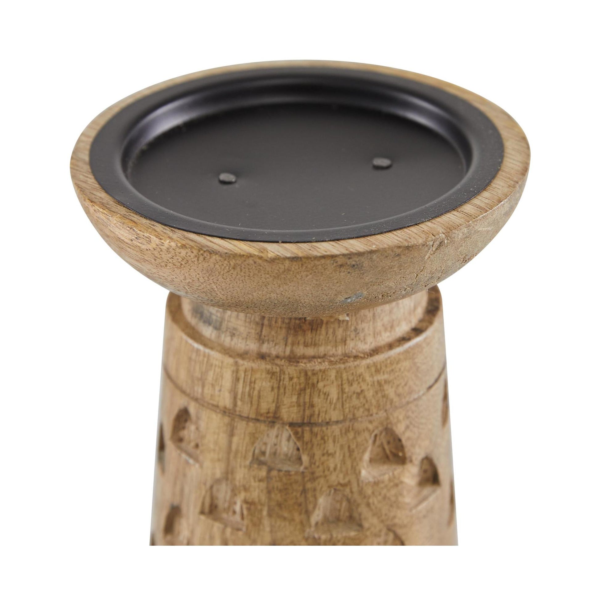 Set of 3 Geometric Brown Mango Wood Handmade Intricate Carved Pillar Decorative Candle Holder