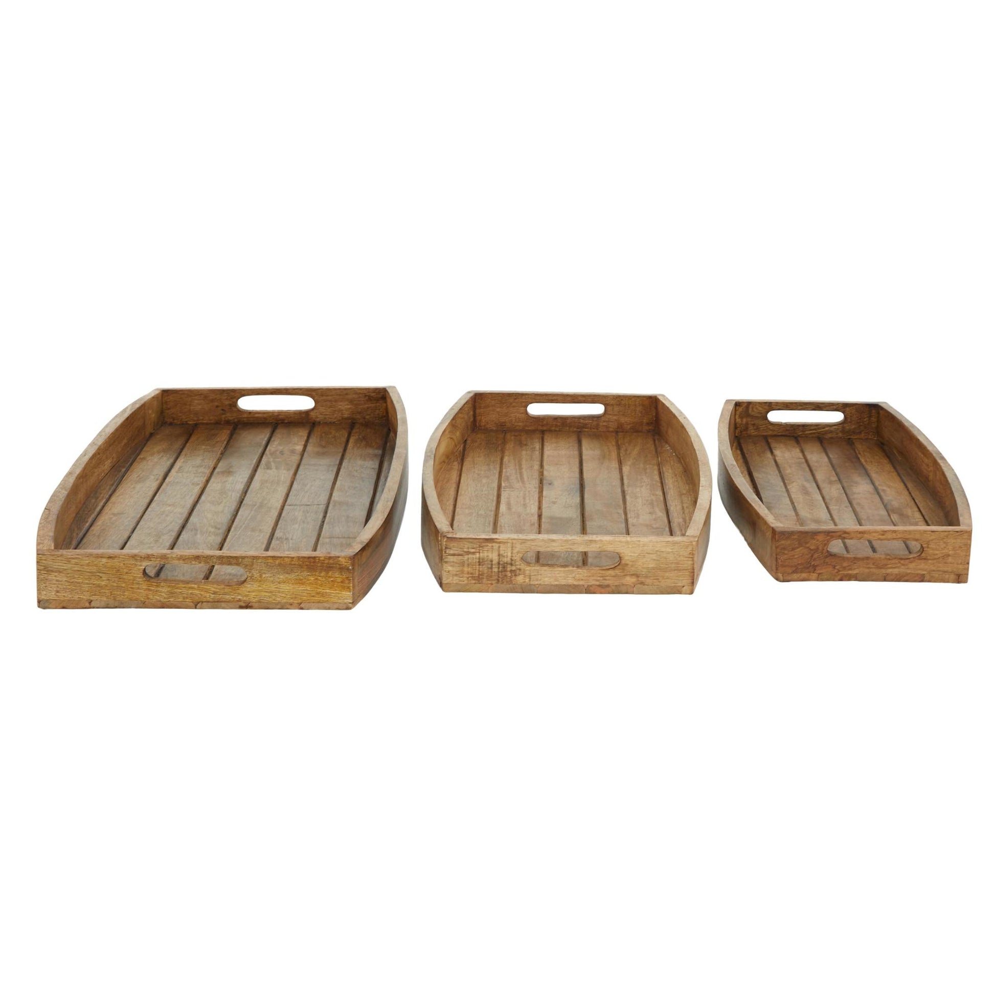 Set of 3 Brown Mango Wood Living Room Decor Tray with Slot Handles