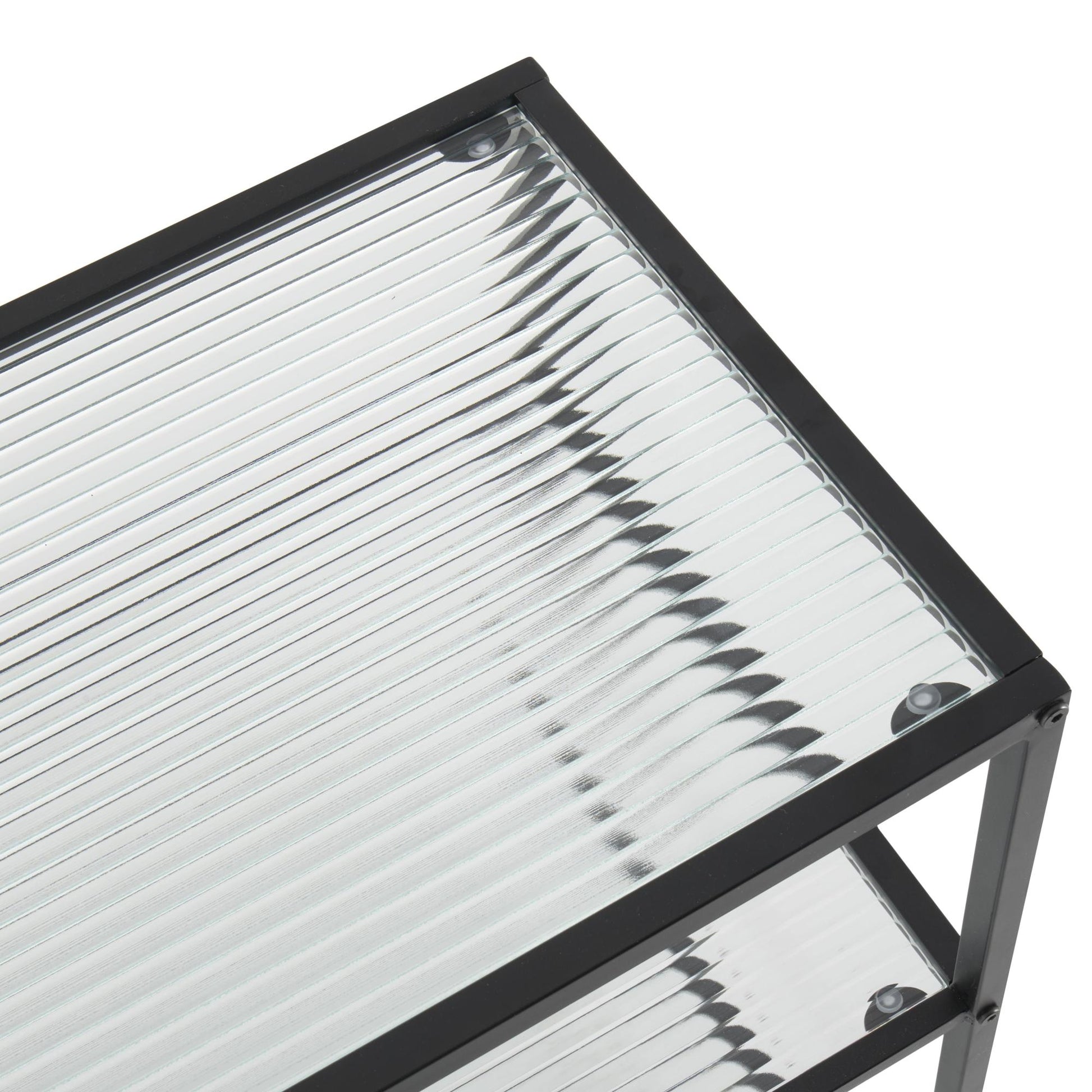 Geometric Black Metal 4 Shelf Living Room Console Table with Clear Glass Shelves