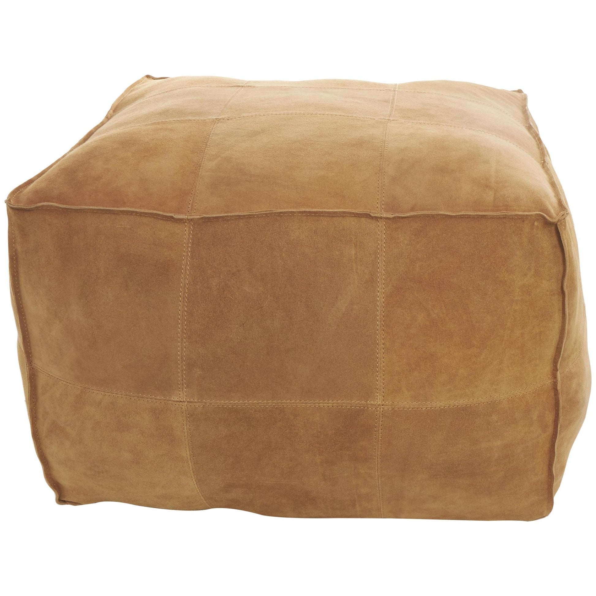Leather Low Profile Square Stuffed Pouf with Patchwork Design