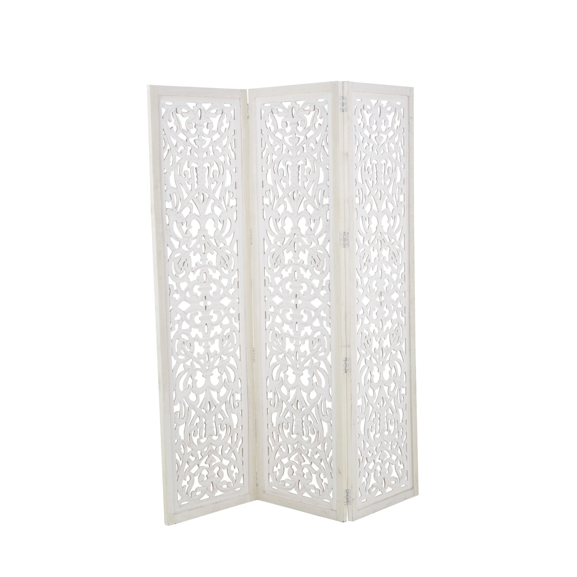 Floral White Wooden Handmade Foldable Partition 3 Panel Partition Room Divider Screen with Carved Design