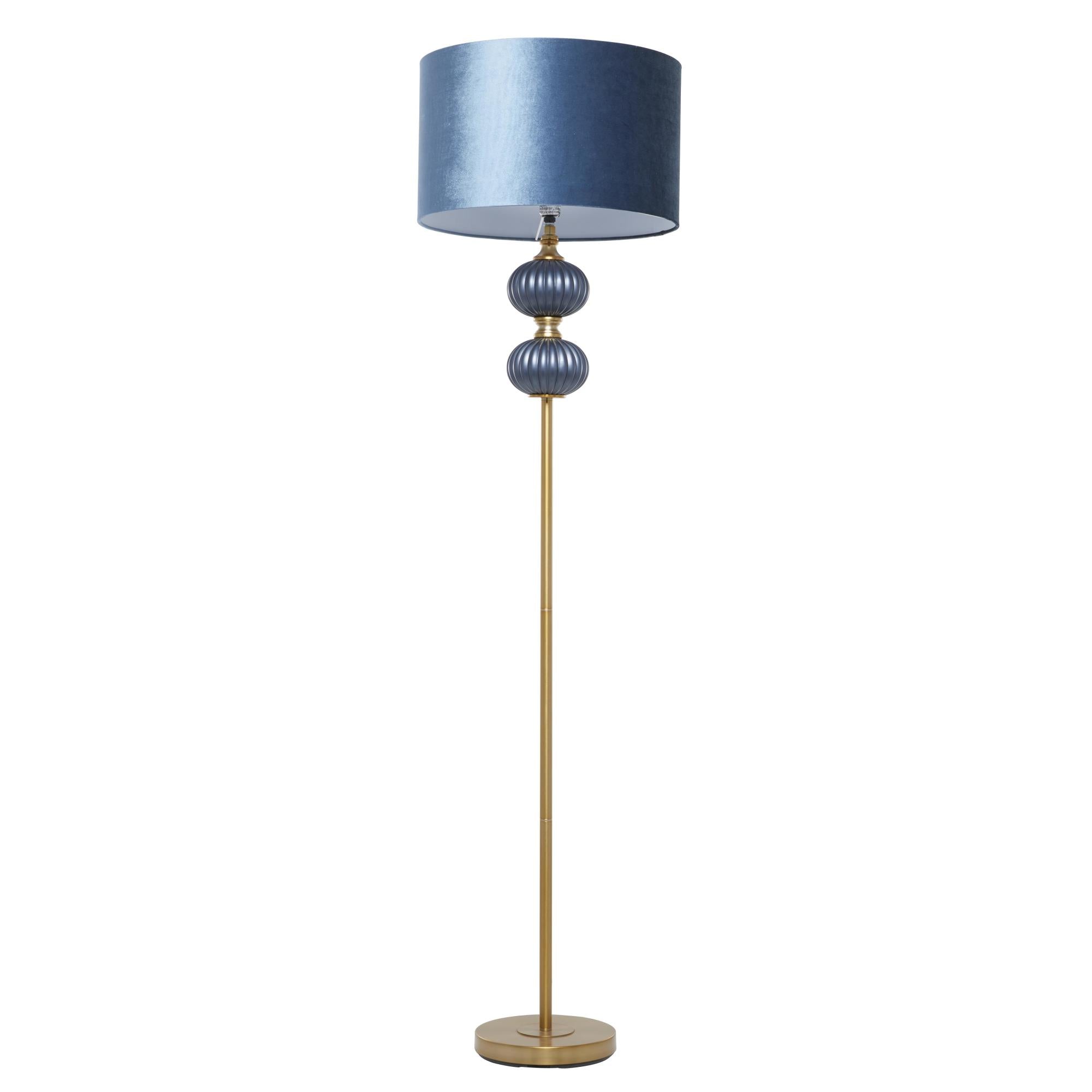 Blue Metal Ribbed Room Floor Lamp with Velvet Shade and Gold Accents