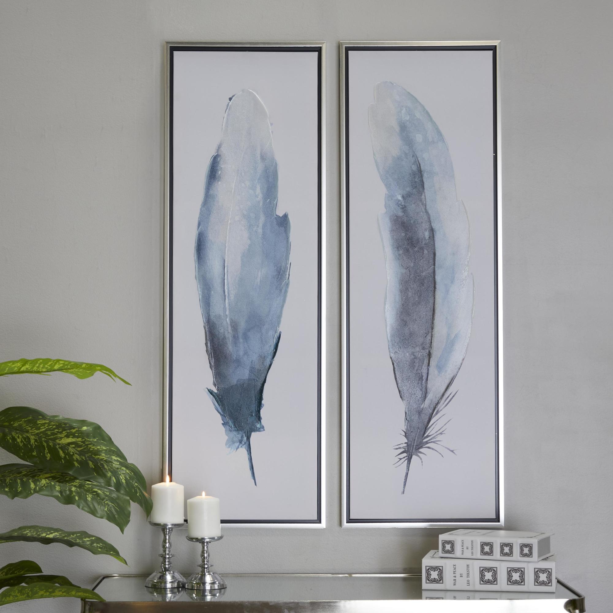 Set of 2 Bird Blue Canvas Feathers Living Room Framed Wall Art with Silver Frame