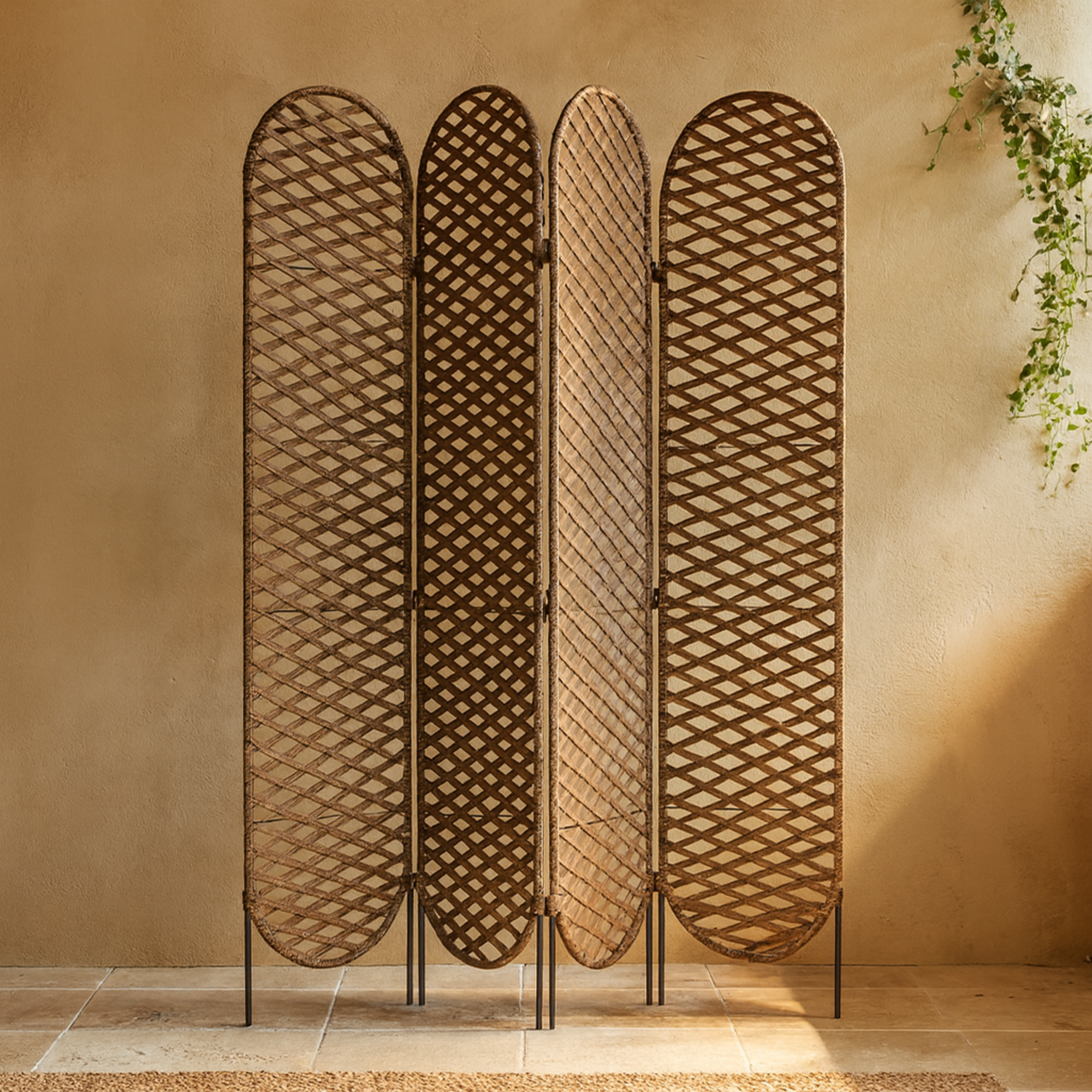 Geometric Copper Metal Handmade Foldable Woven 4 Panel Partition Room Divider Screen with Cutouts