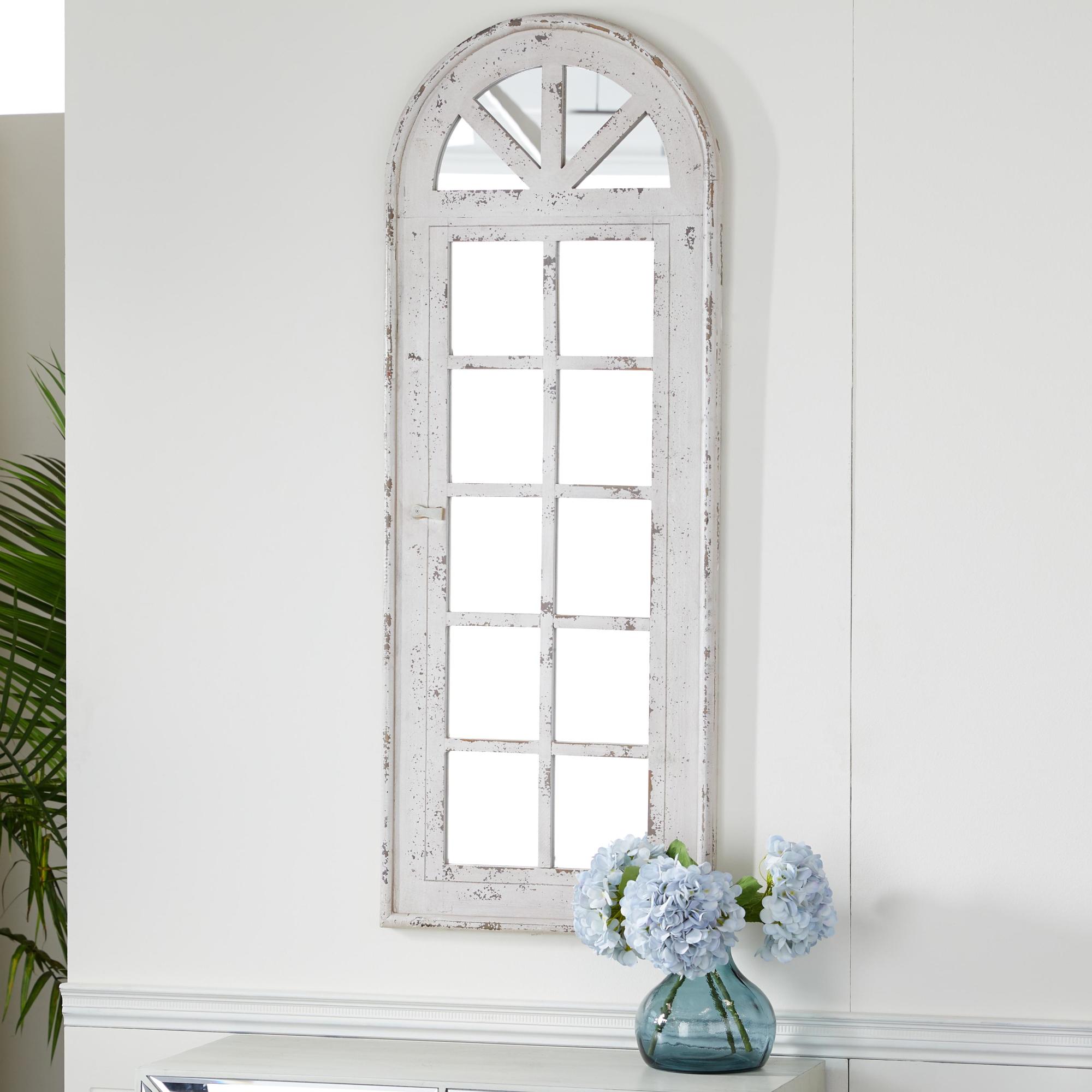 White Wooden Window Pane Inspired Room Wall Mirror with Arched Top and Distressing