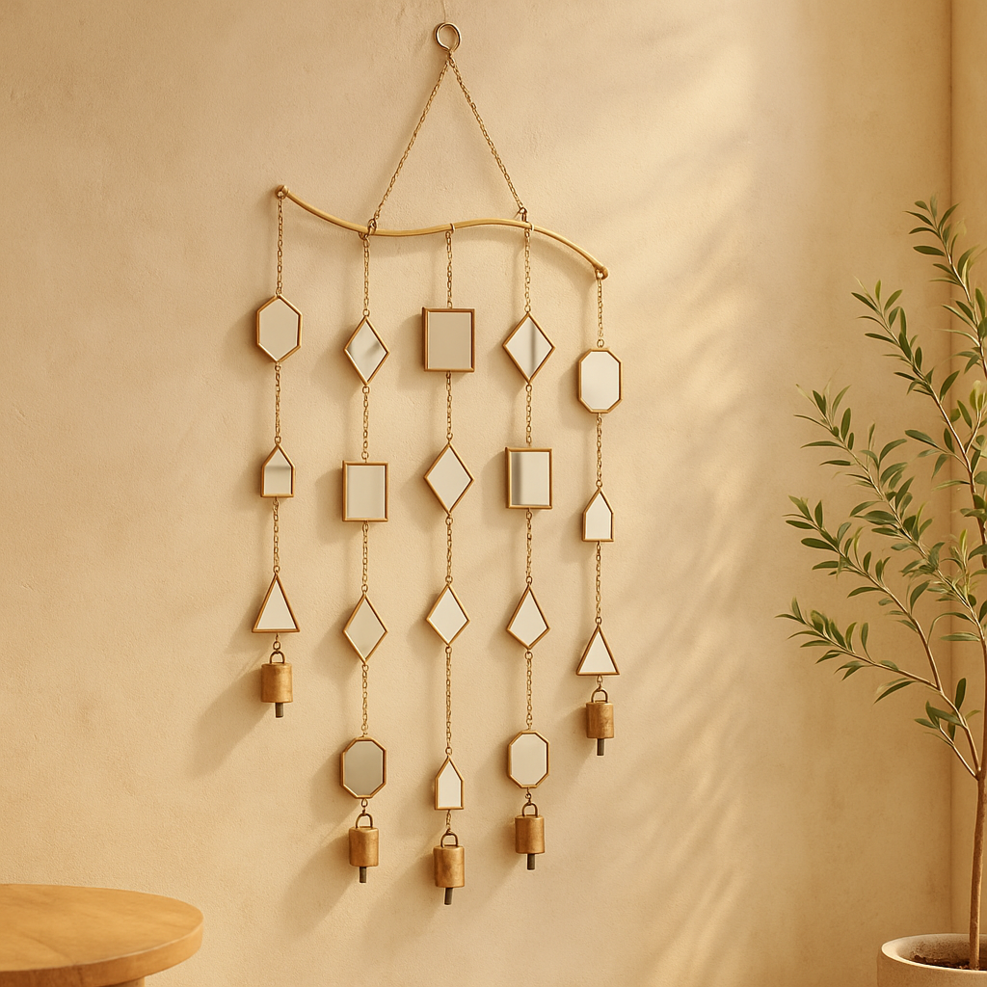 Geometric Brown Metal Indoor Outdoor Windchime with Glass Mirrors and Bells