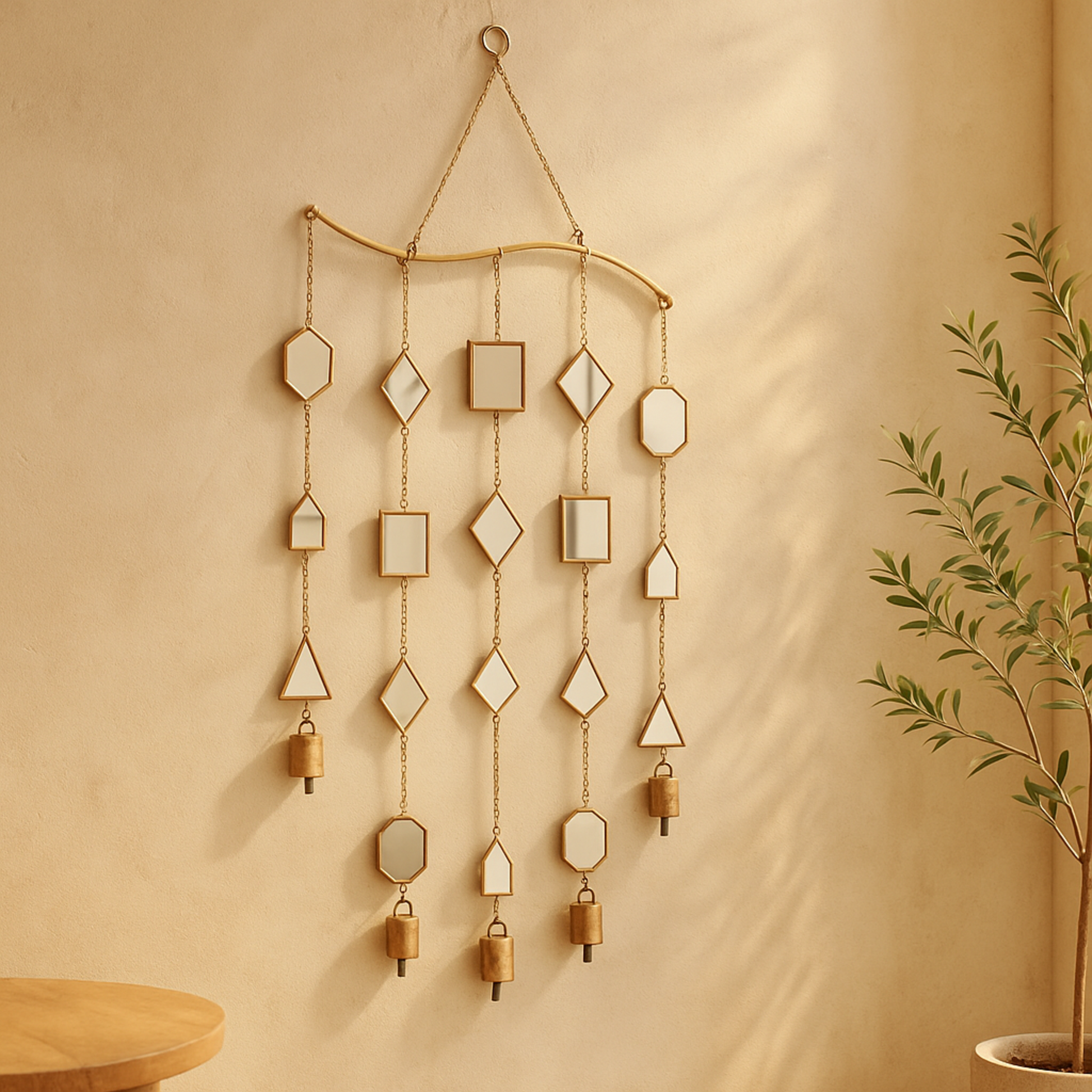 Geometric Brown Metal Indoor Outdoor Windchime with Glass Mirrors and Bells
