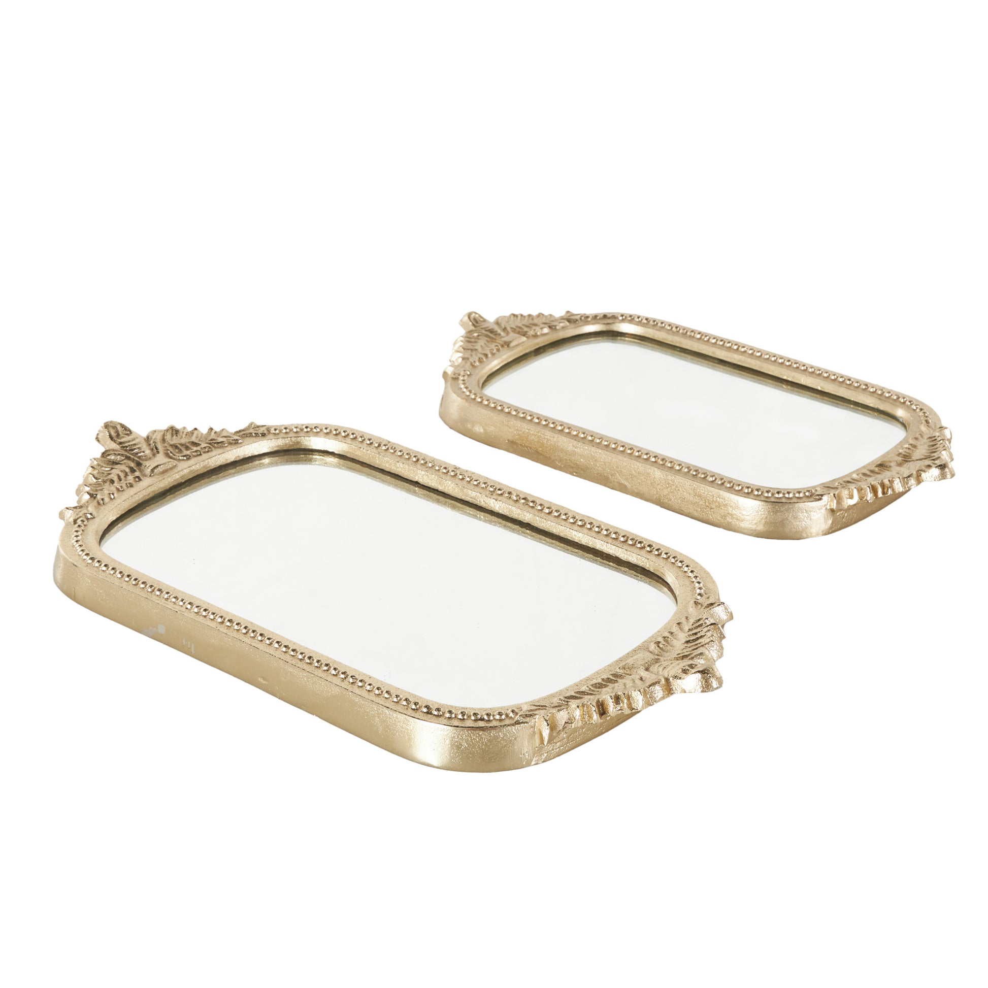Set of 2 Leaf Gold Aluminum Metal Living Room Decor Tray with Mirrored Glass Interior and Handles