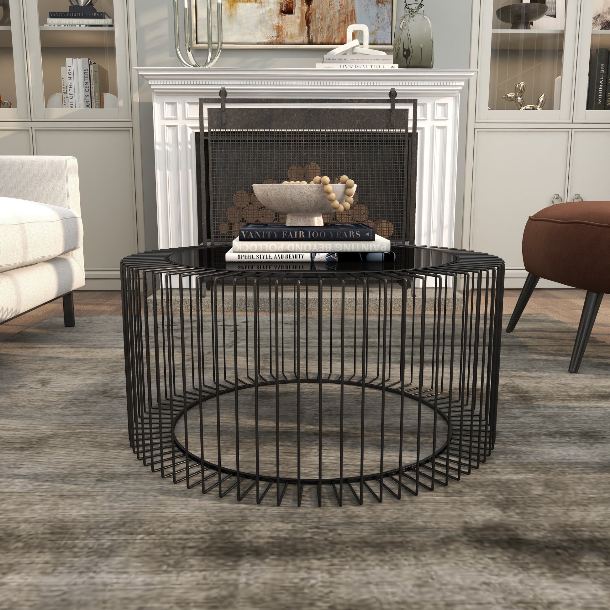 Black Metal Open Wire Frame Living Room Coffee Table with Shaded Glass Top