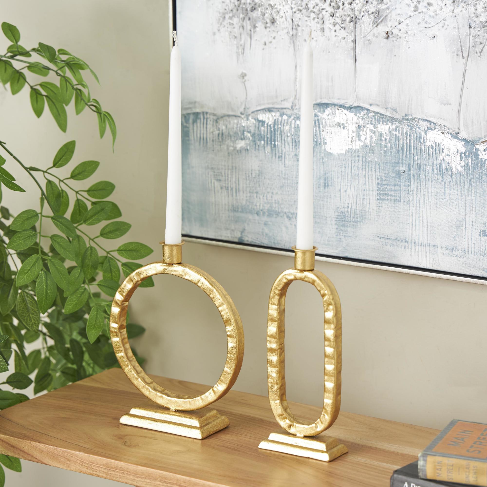 Set of 2 Gold Metal Tapered Decorative Candle Holder with Rectangle Base