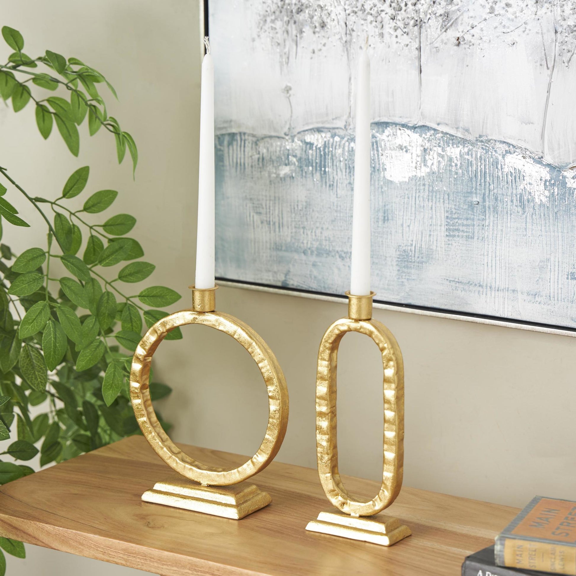 Set of 2 Gold Metal Tapered Decorative Candle Holder with Rectangle Base