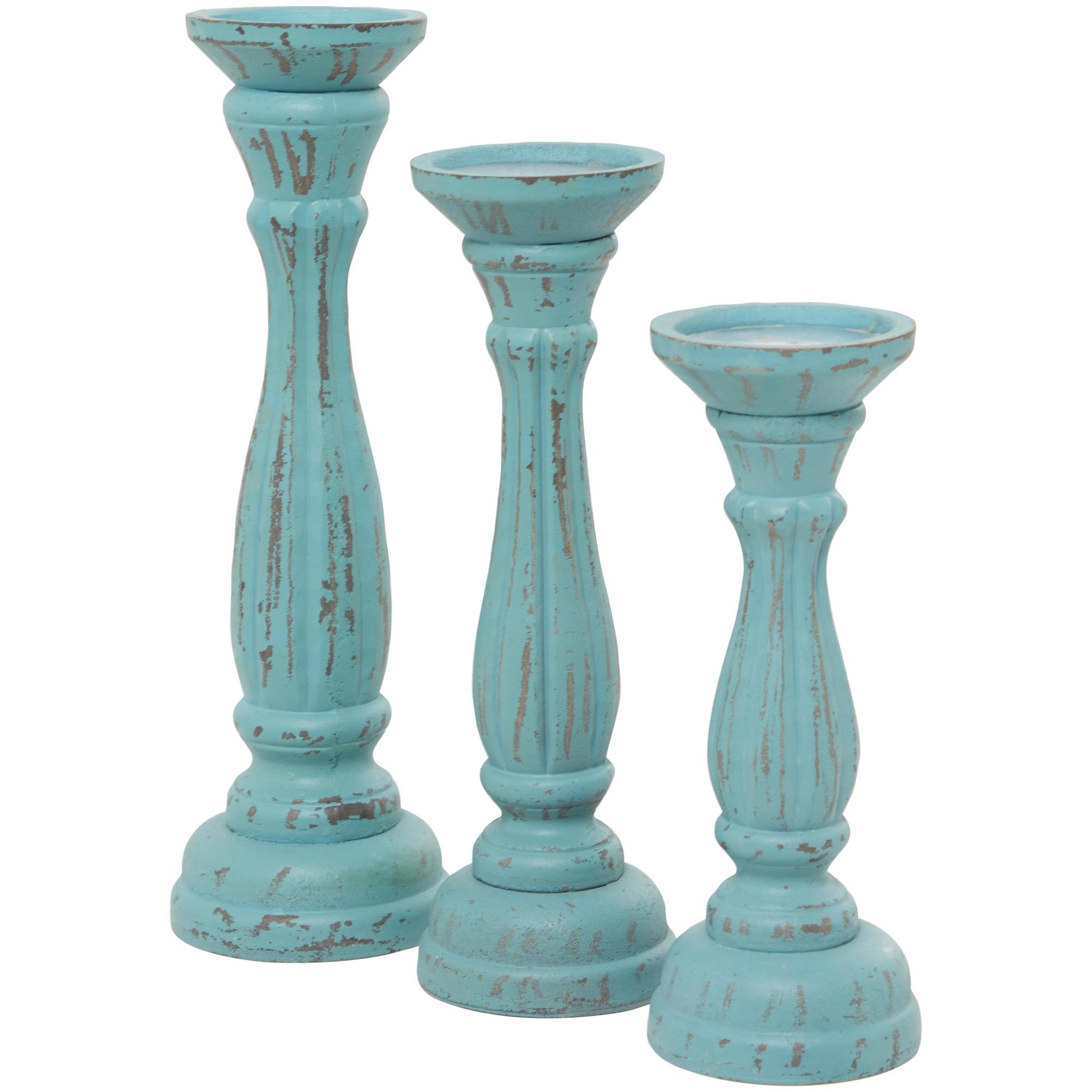 Set of 3 Wooden Distressed Turned Pillar Decorative Candle Holder