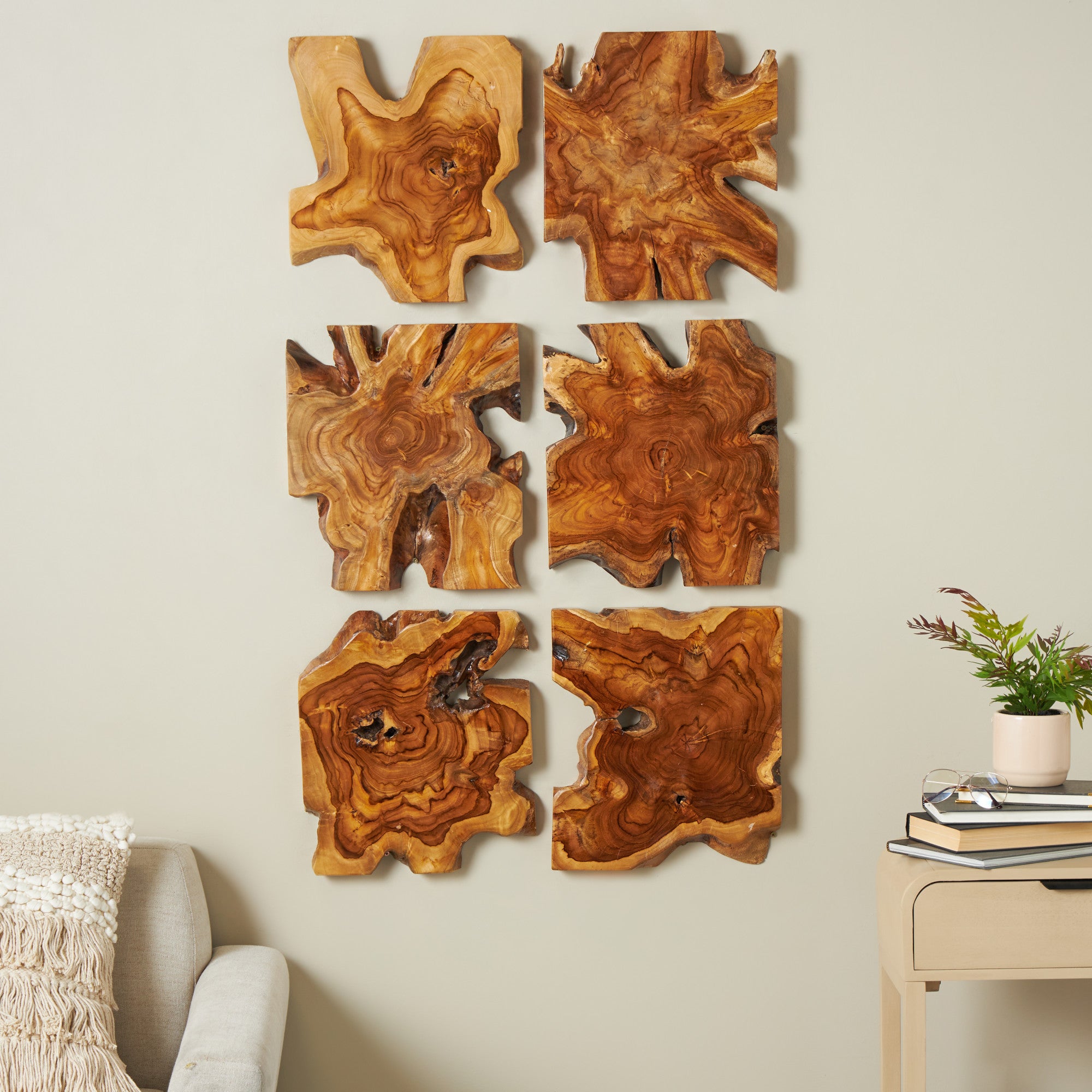 Set of 6 Abstract Brown Teak Wood Handmade Live Edge Wood Slab Home Wall Decor