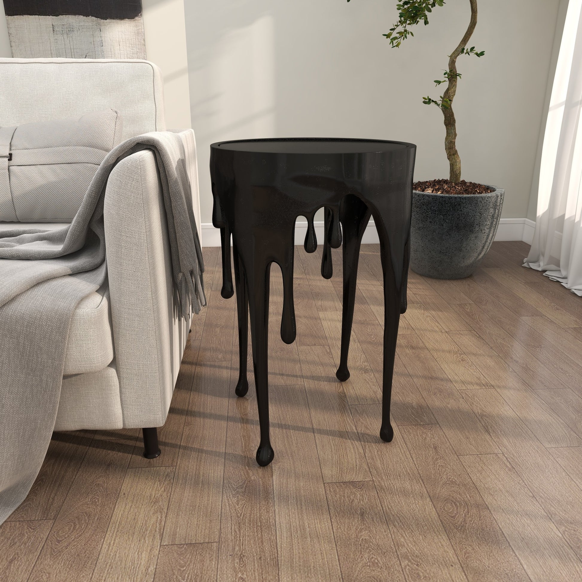Abstract Aluminum Metal Drip Side End Accent Table with Melting Design and Shaded Glass Top