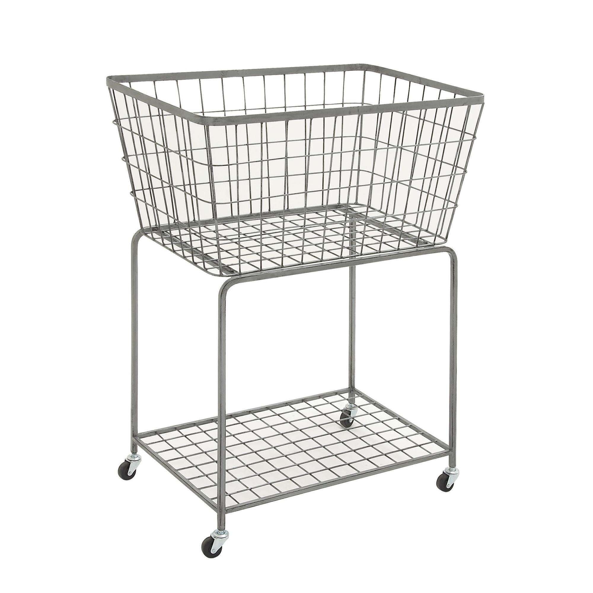 Gray Metal Deep Set Wire Basket Mobile Storage Cart with Wheels