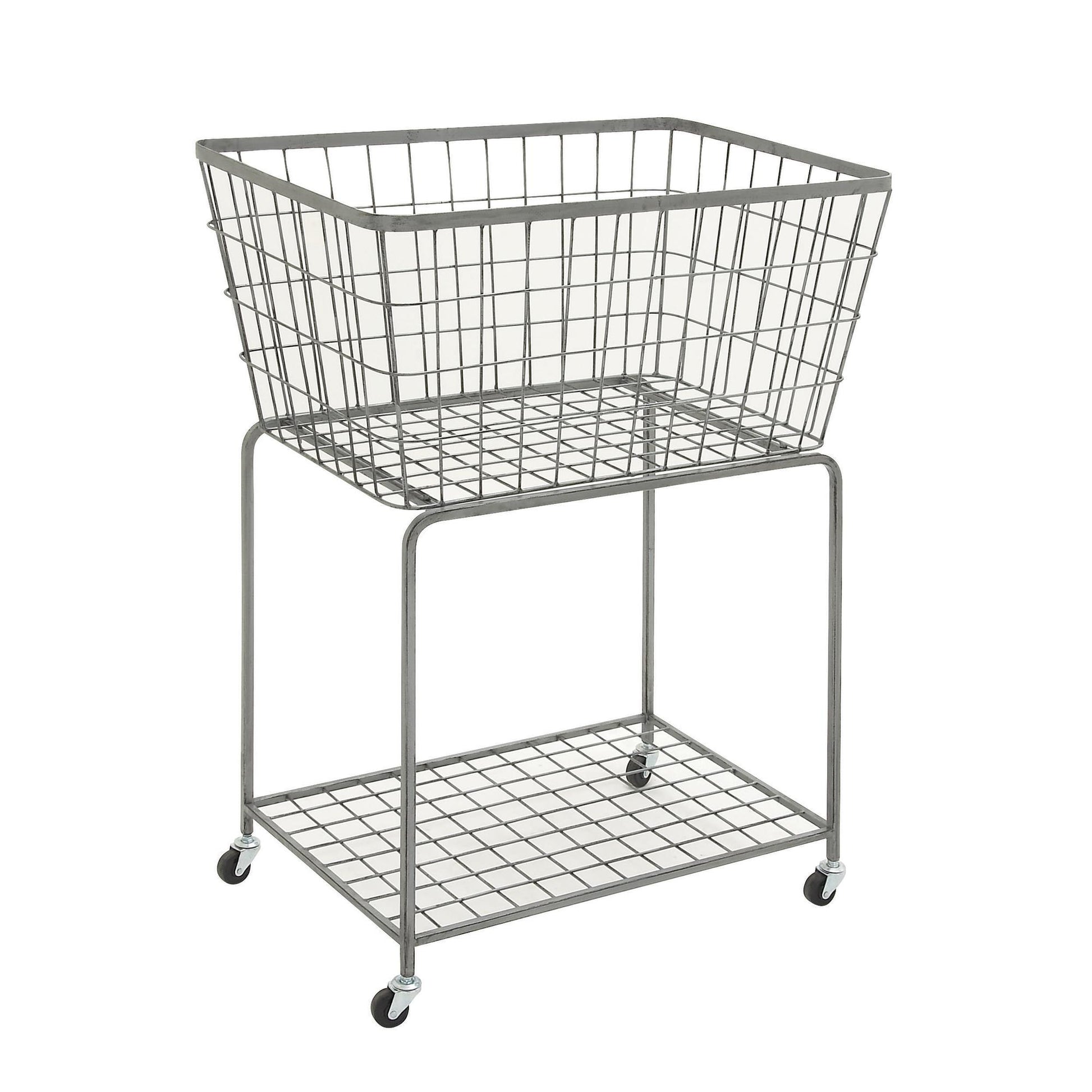 Gray Metal Deep Set Wire Basket Mobile Storage Cart with Wheels