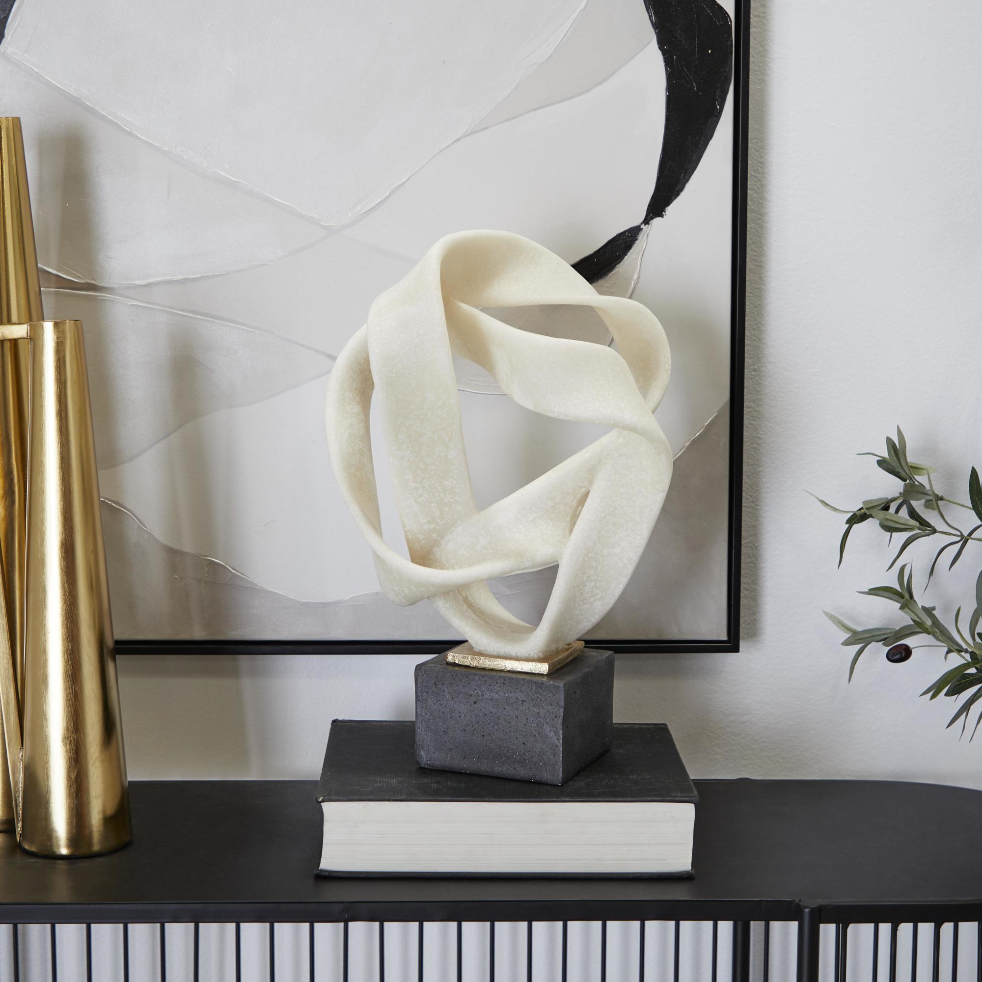 Abstract White Polystone Ribbon Line Decorative Sculpture with Black Base