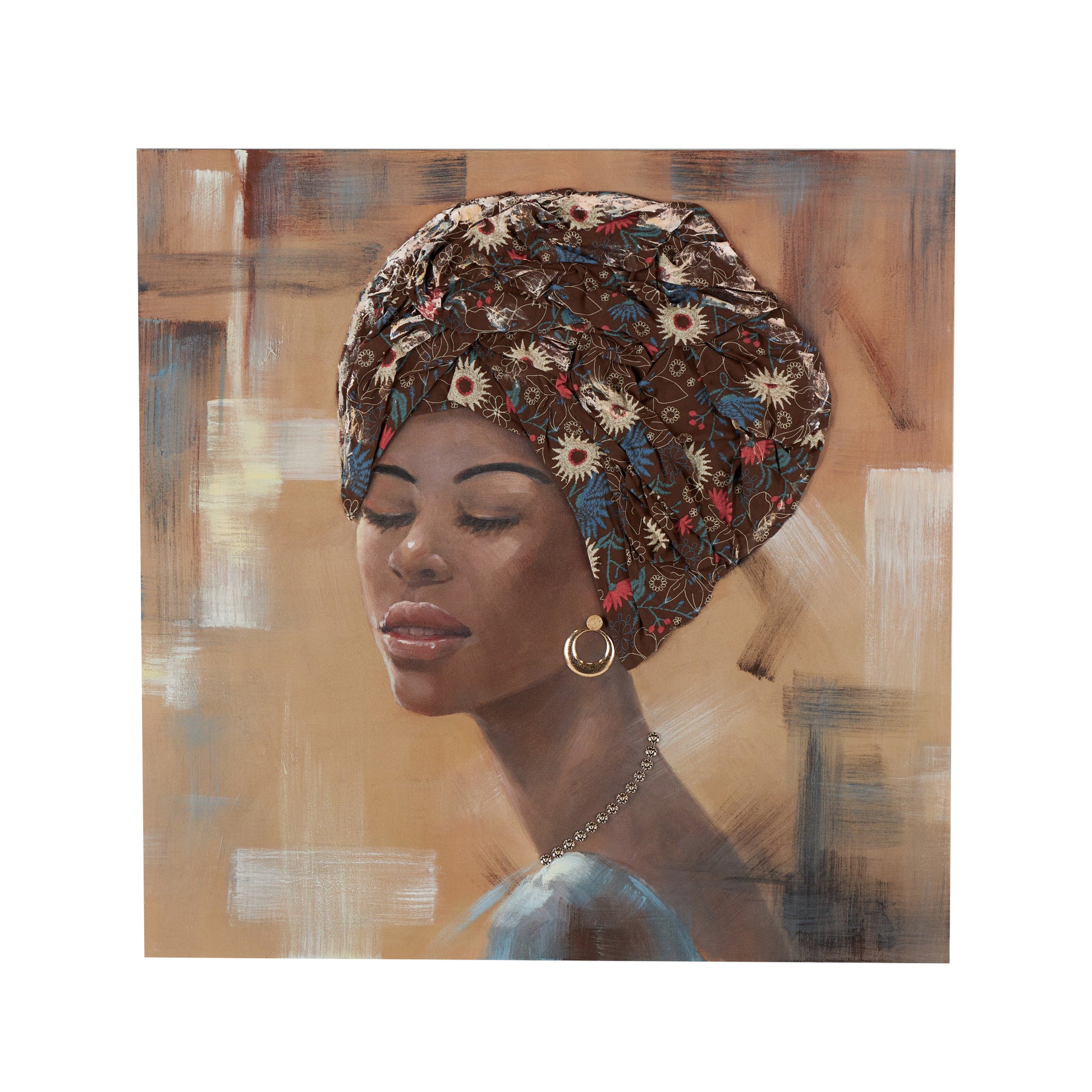 Woman Brown Canvas Decorative Wall Art with 3D Fabric Headwear And Gold Jewels