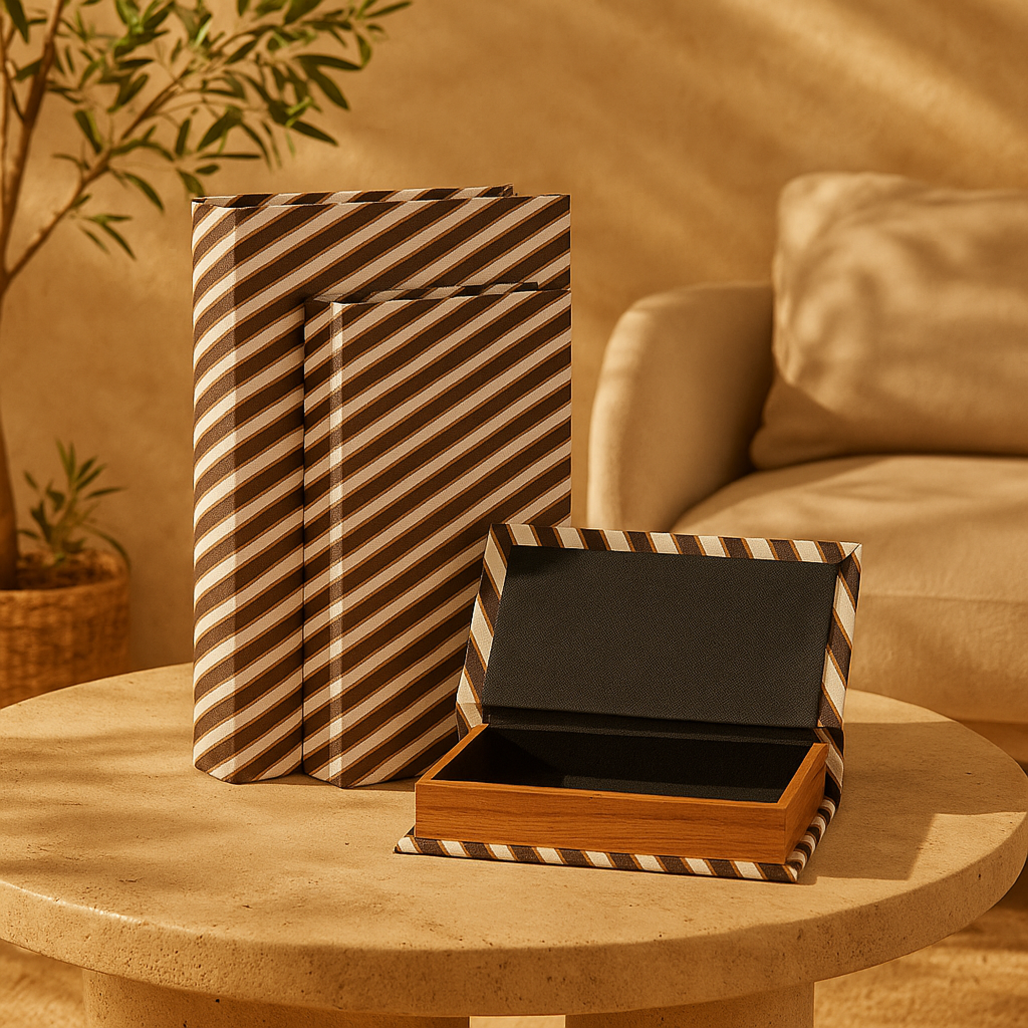 Set of 3 Black Faux Leather Striped Faux Book Storage Decorative Box with White and Metallic Gold Accents