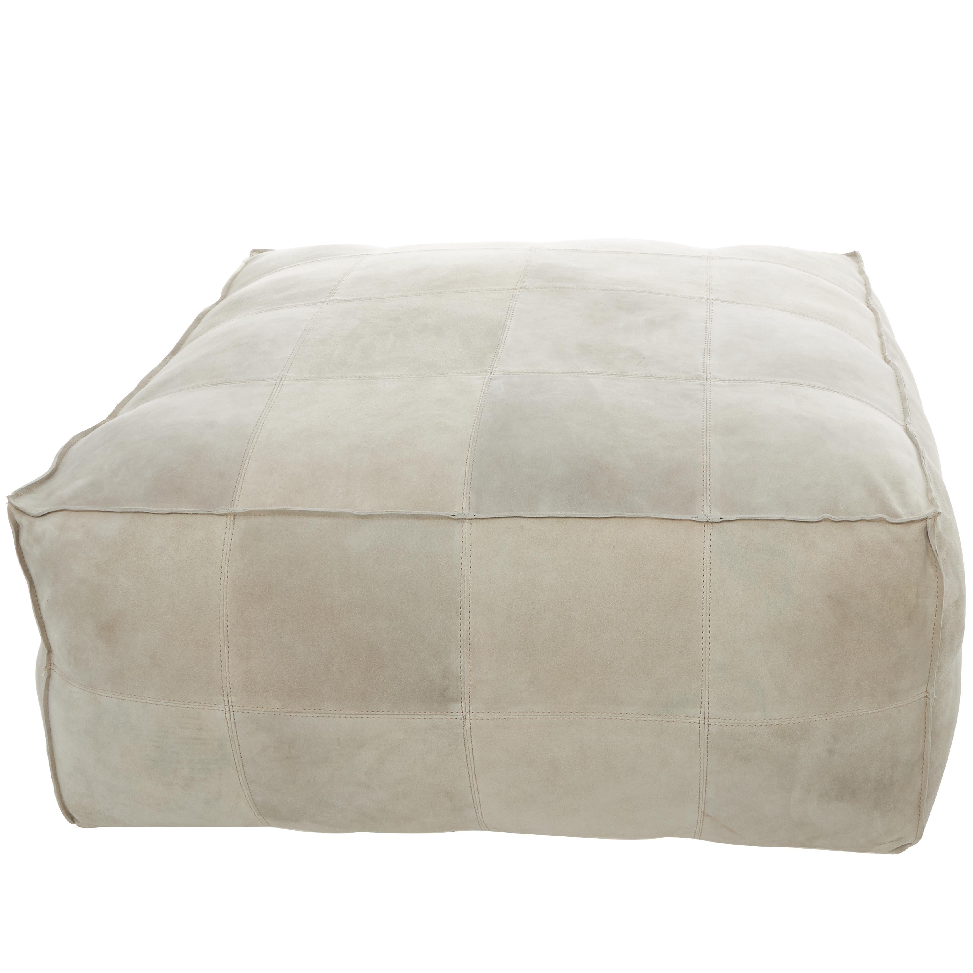 Leather Low Profile Square Stuffed Pouf with Patchwork Design