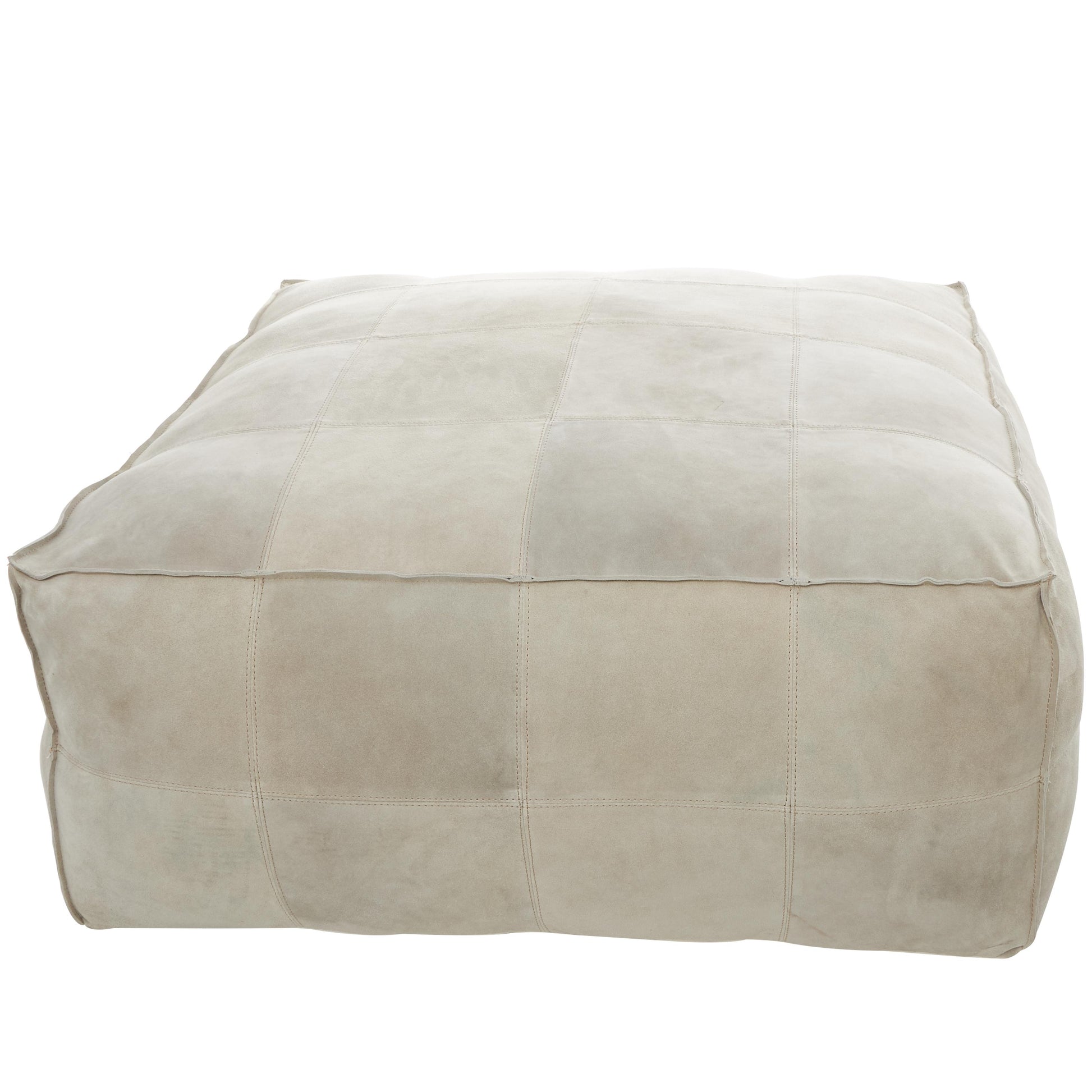 Leather Low Profile Square Stuffed Pouf with Patchwork Design