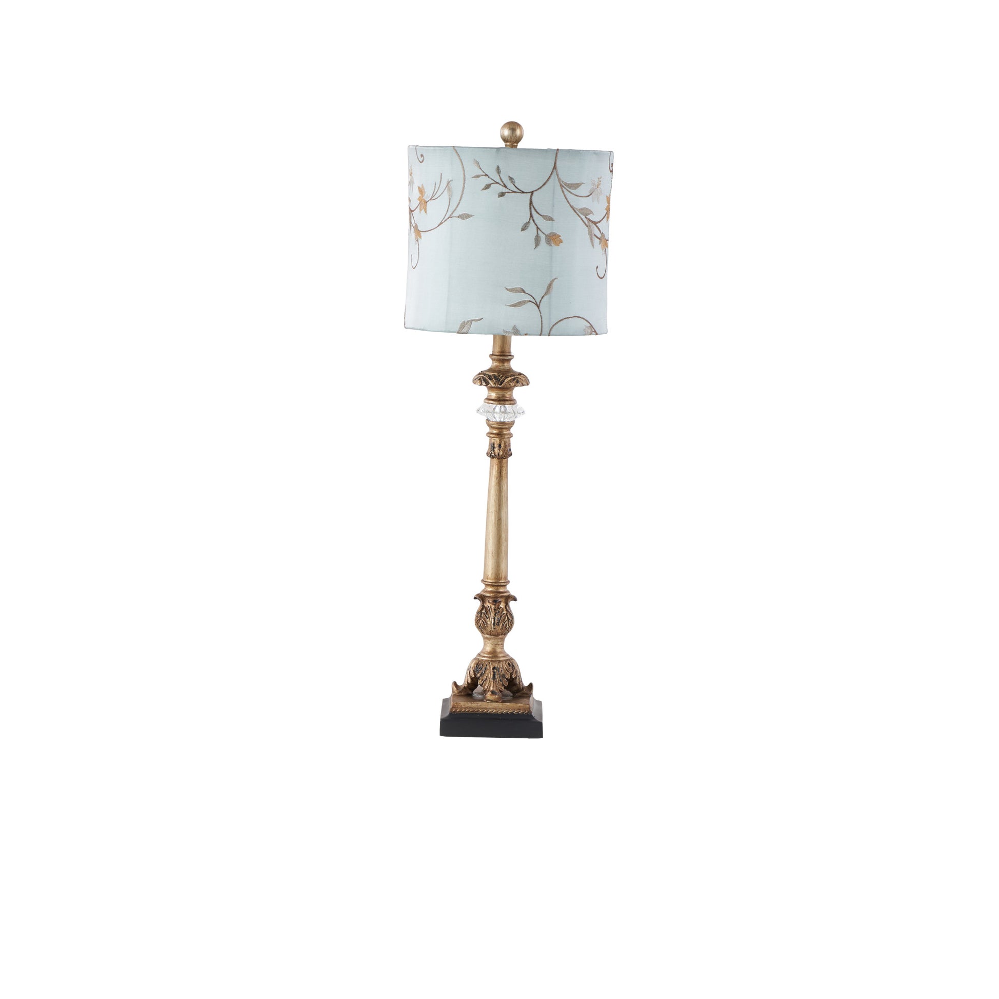 Set of 2 Floral Gold Metal Antique Style Room Buffet Lamp with Light Blue Shade