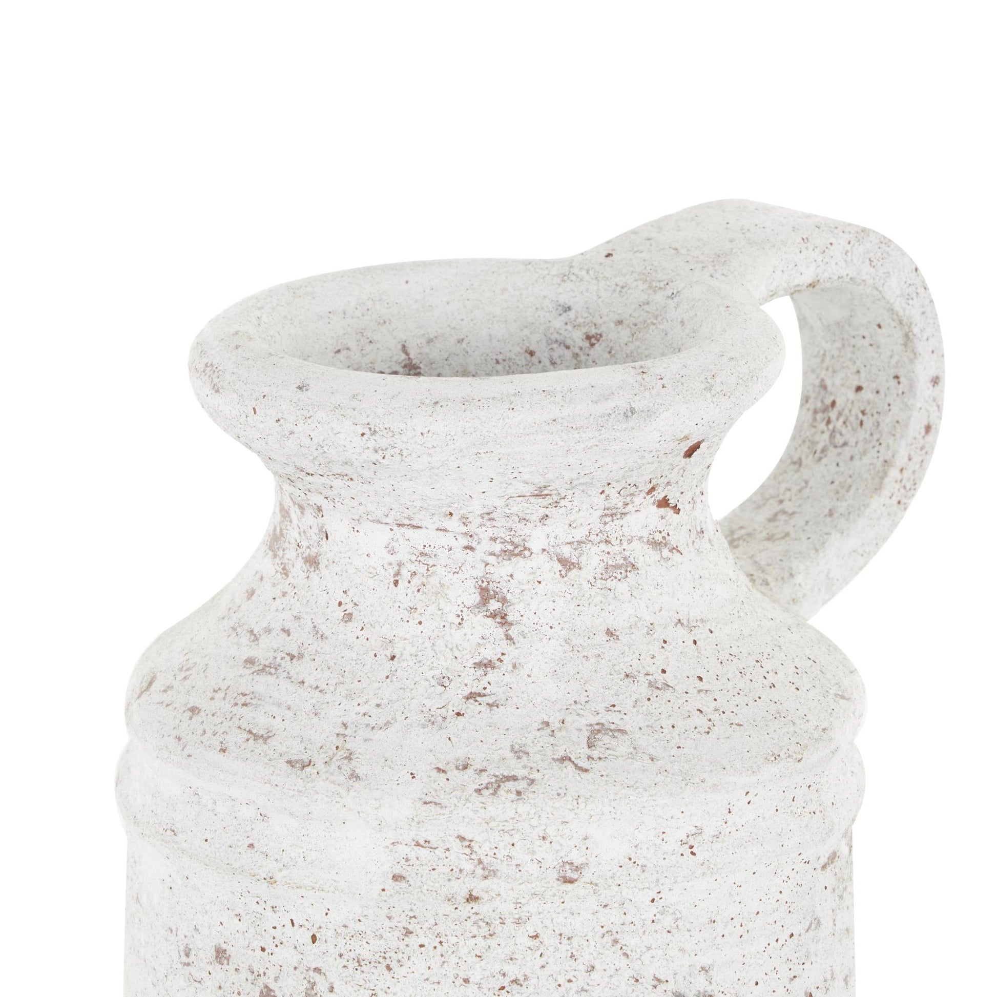 White Ceramic Antique Style Textured Decorative Vase with Terracotta Accents and Ring Handle