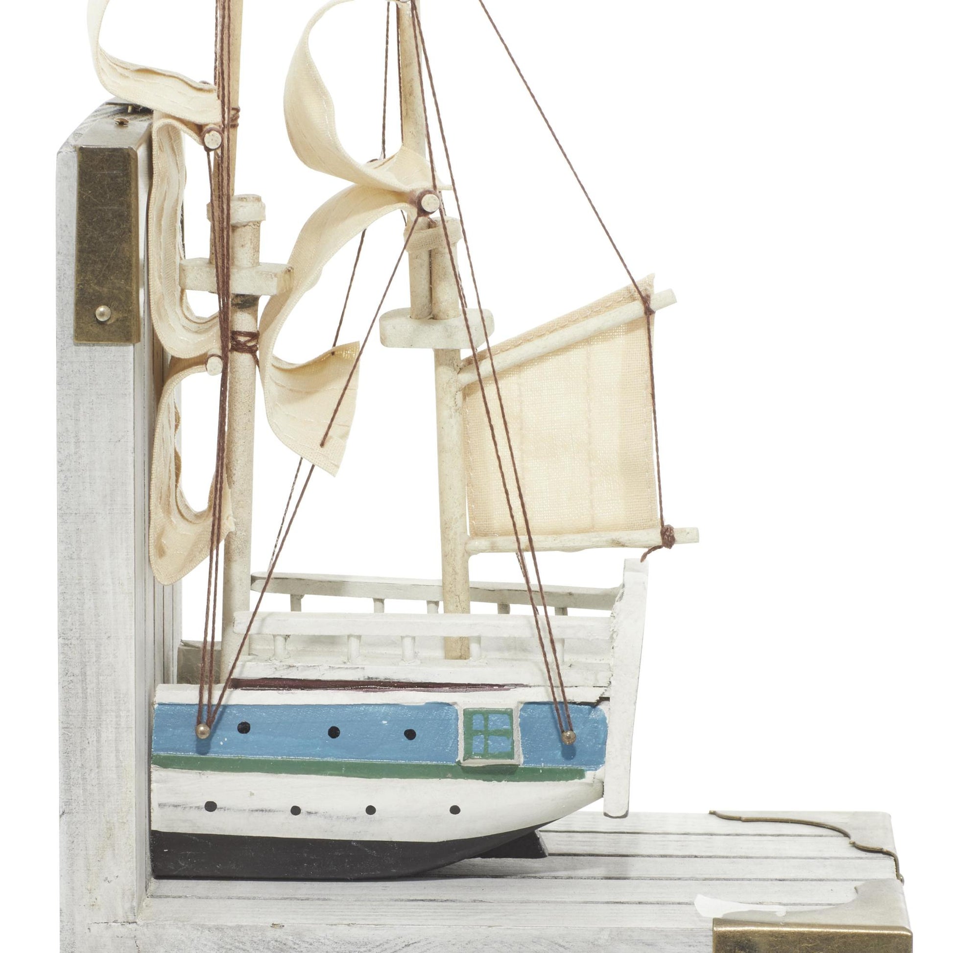 Set of 2 Sail Boat White Wood Decorative Bookends with Real Boat Rigging and Gold Corners