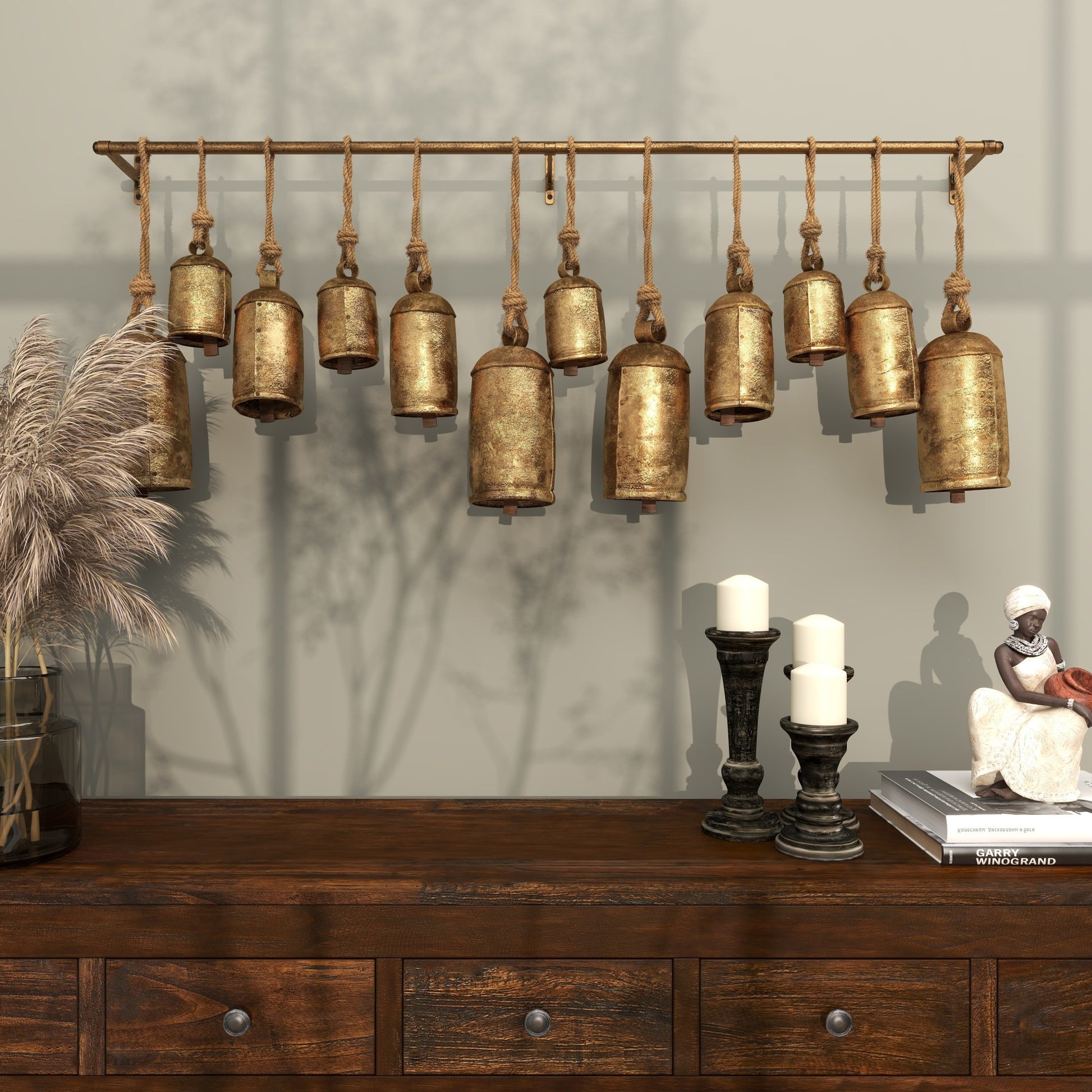 Metal Tibetan Inspired 12 Bell Indoor Outdoor Decorative Cow Bells with Hanging Ropes and Rod
