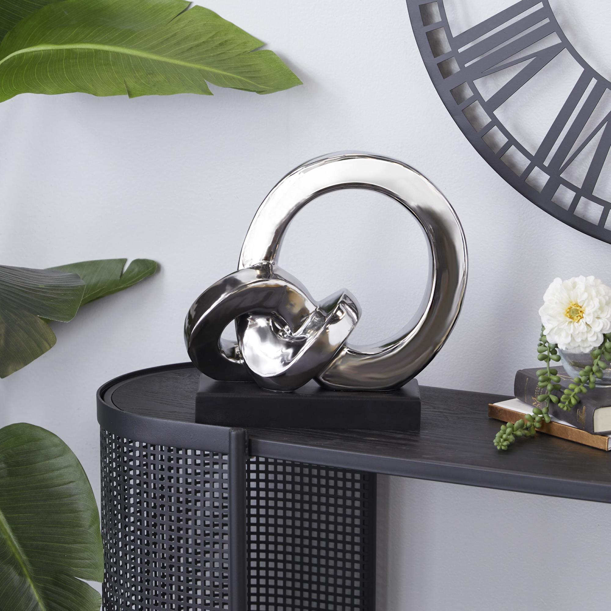 Abstract Silver Porcelain Ceramic Link Decorative Sculpture with Black Base