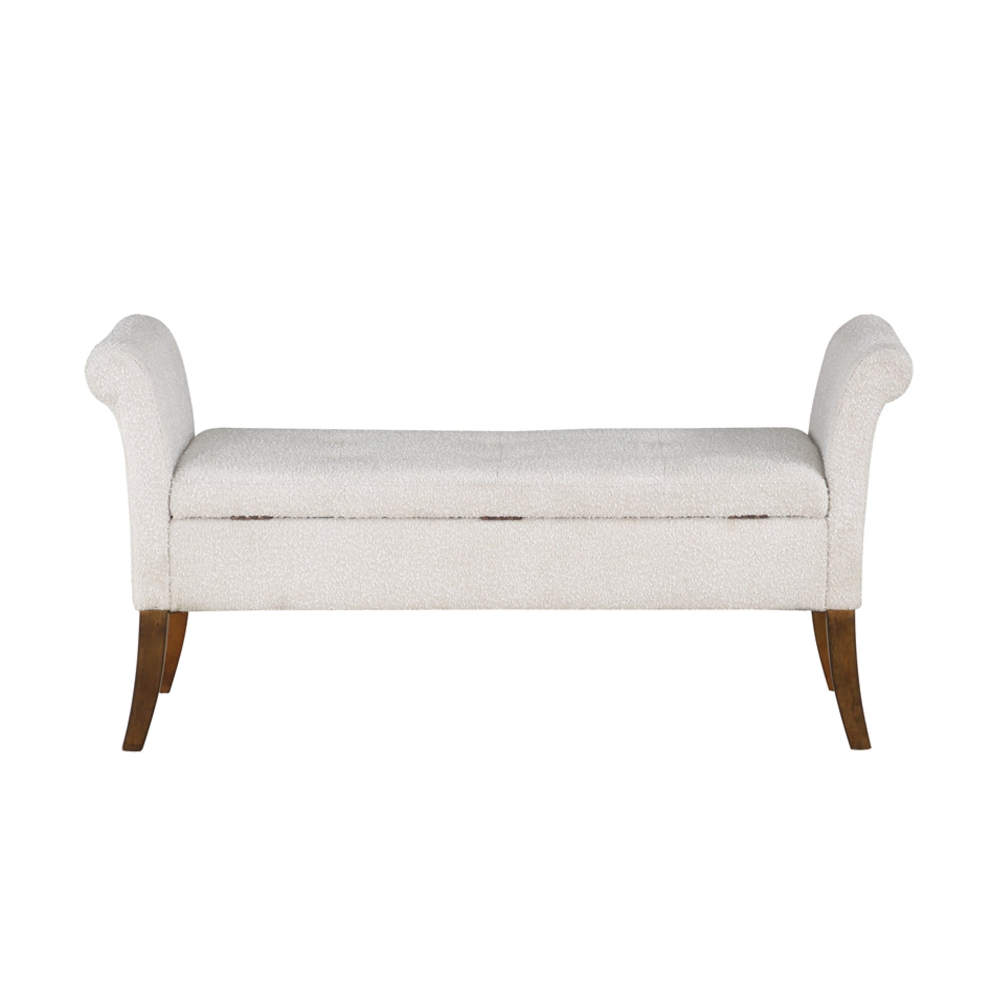 White Fabric Boucle Room Storage Bench with Flared Brown Wooden Legs
