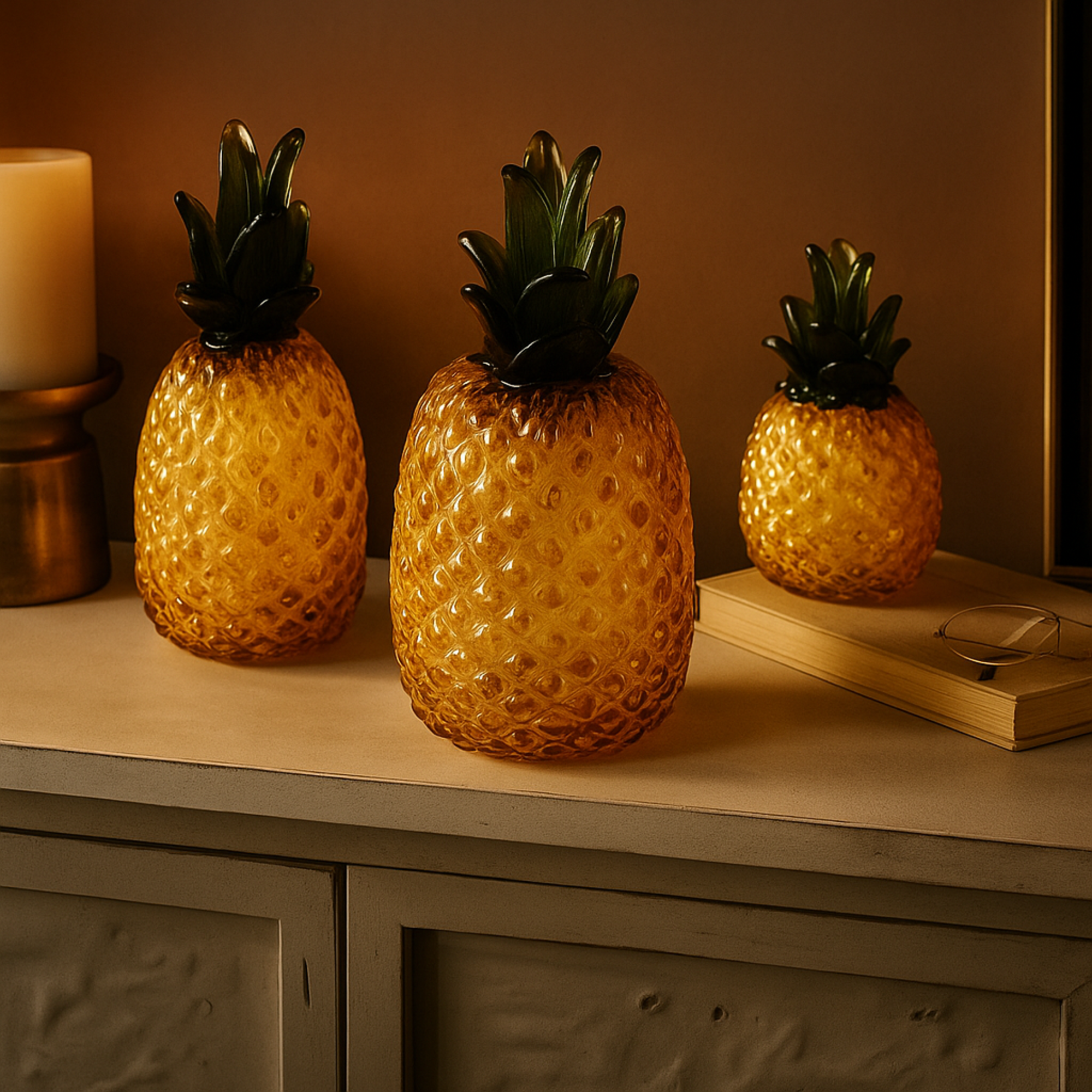 Set of 3 Fruit Orange Glass Faceted Pineapple Decorative Sculpture