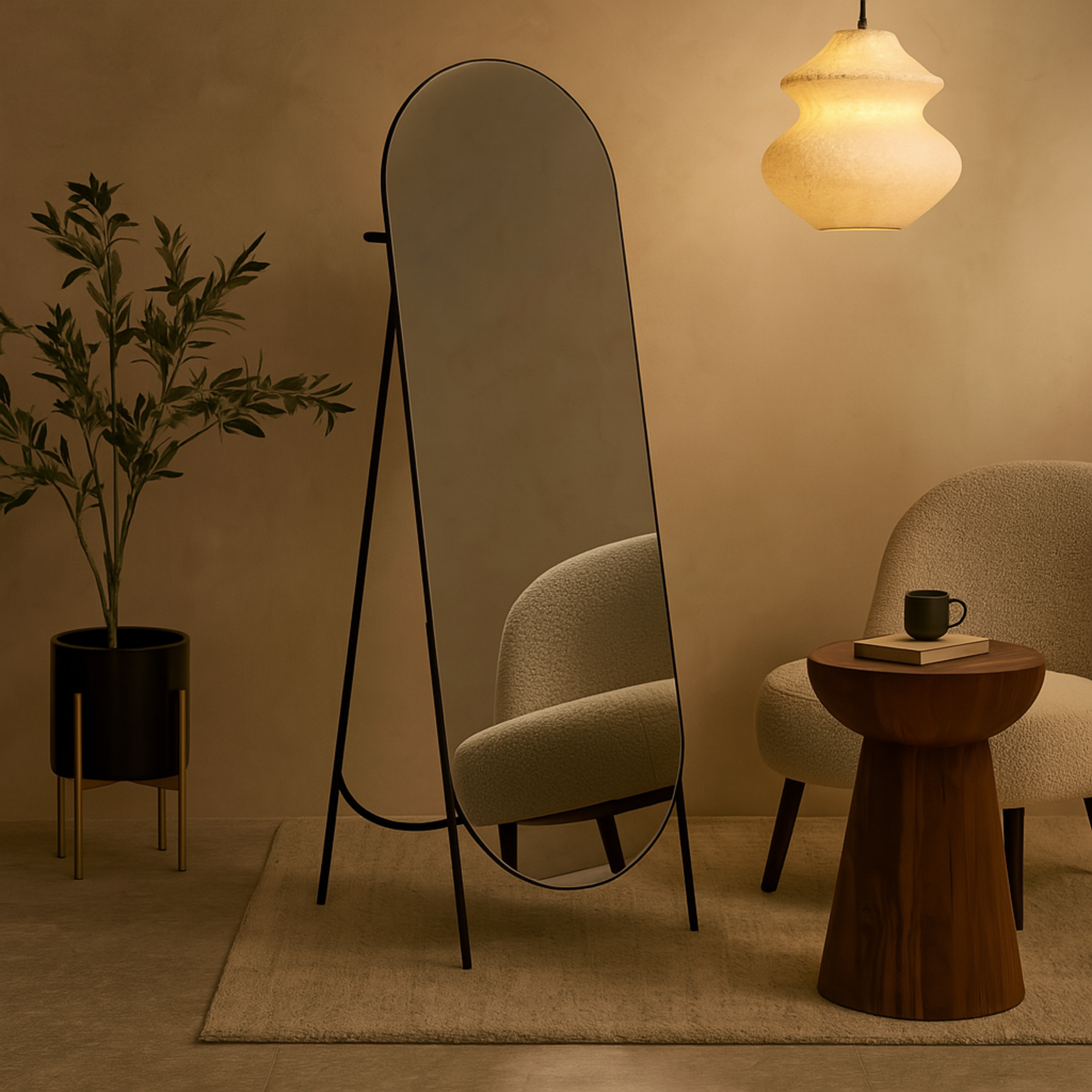 Geometric Black Metal Foldable Freestanding Oval Room Floor Mirror