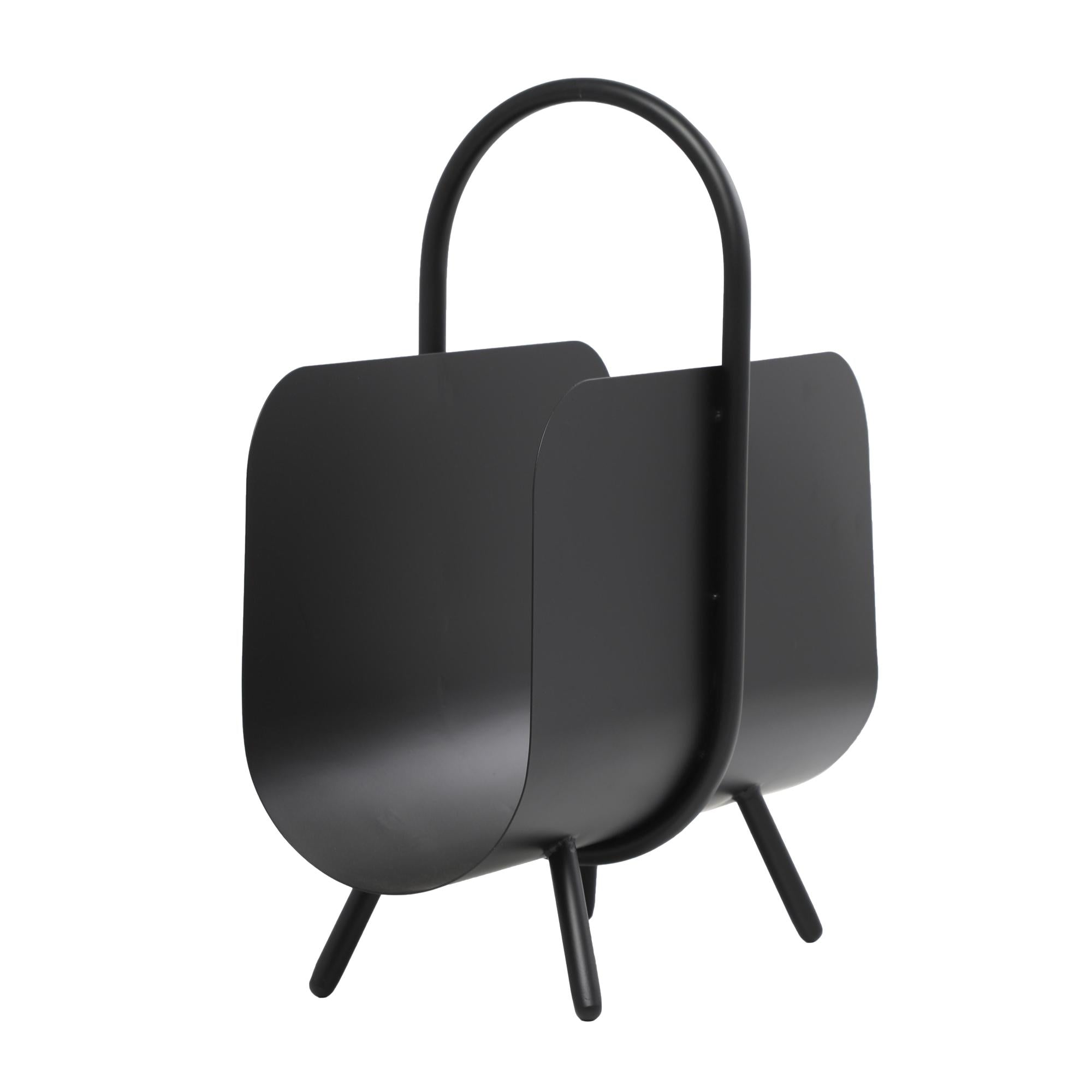 Black Metal Matte Curved Decorative Magazine Holder with Arched Handle and Flared Legs