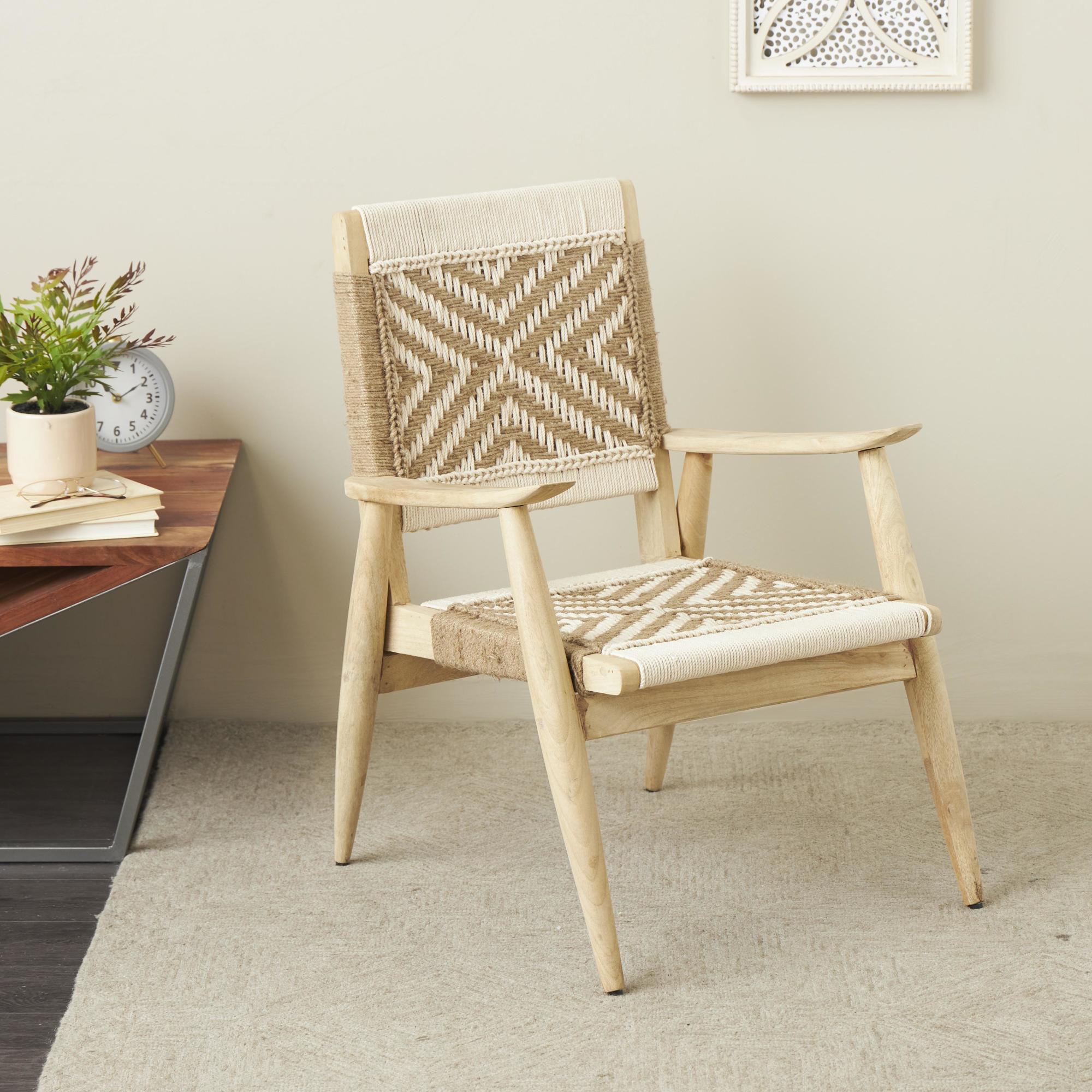 Jute Rope Handmade Geometric Patterned Woven Living Room Accent Chair with Brown Mango Wood Frame 23" x 23" x 33"