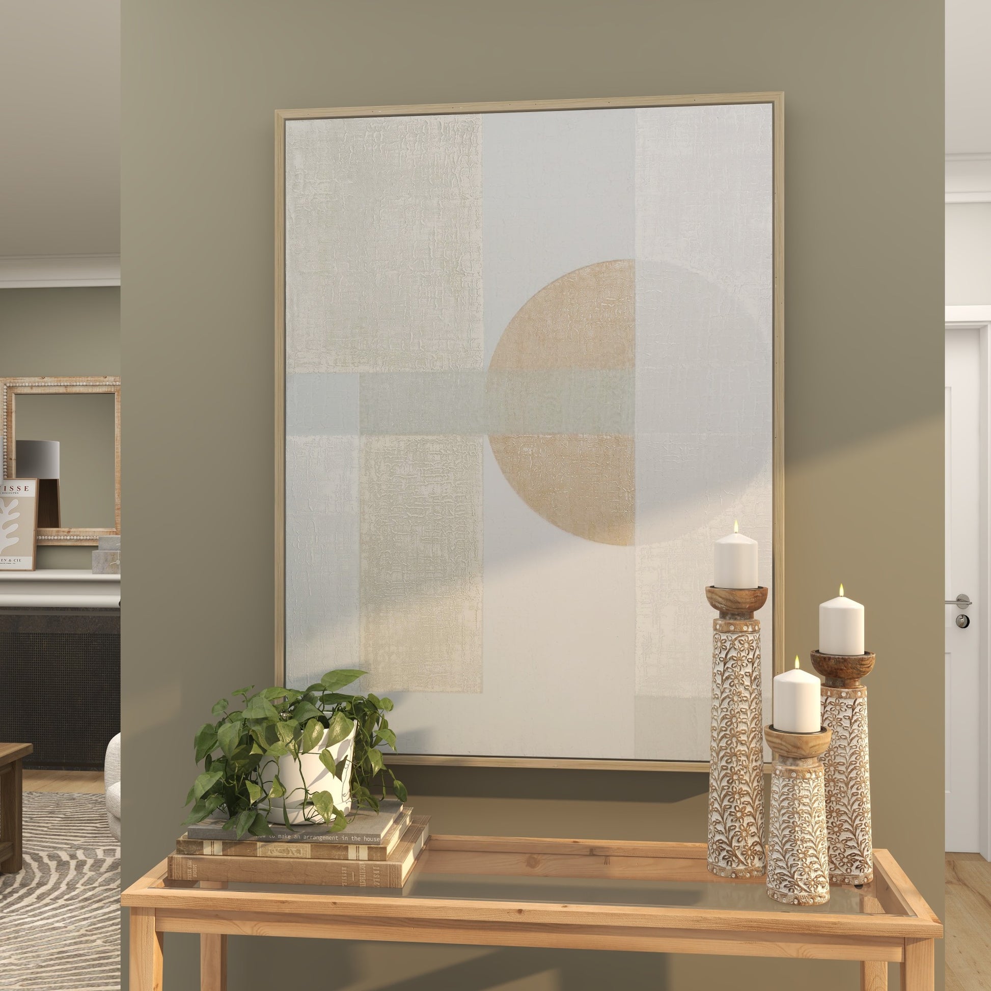 Geometric Canvas Mid Century Modern Shape Living Room Framed Wall Art with Light Wood Frame