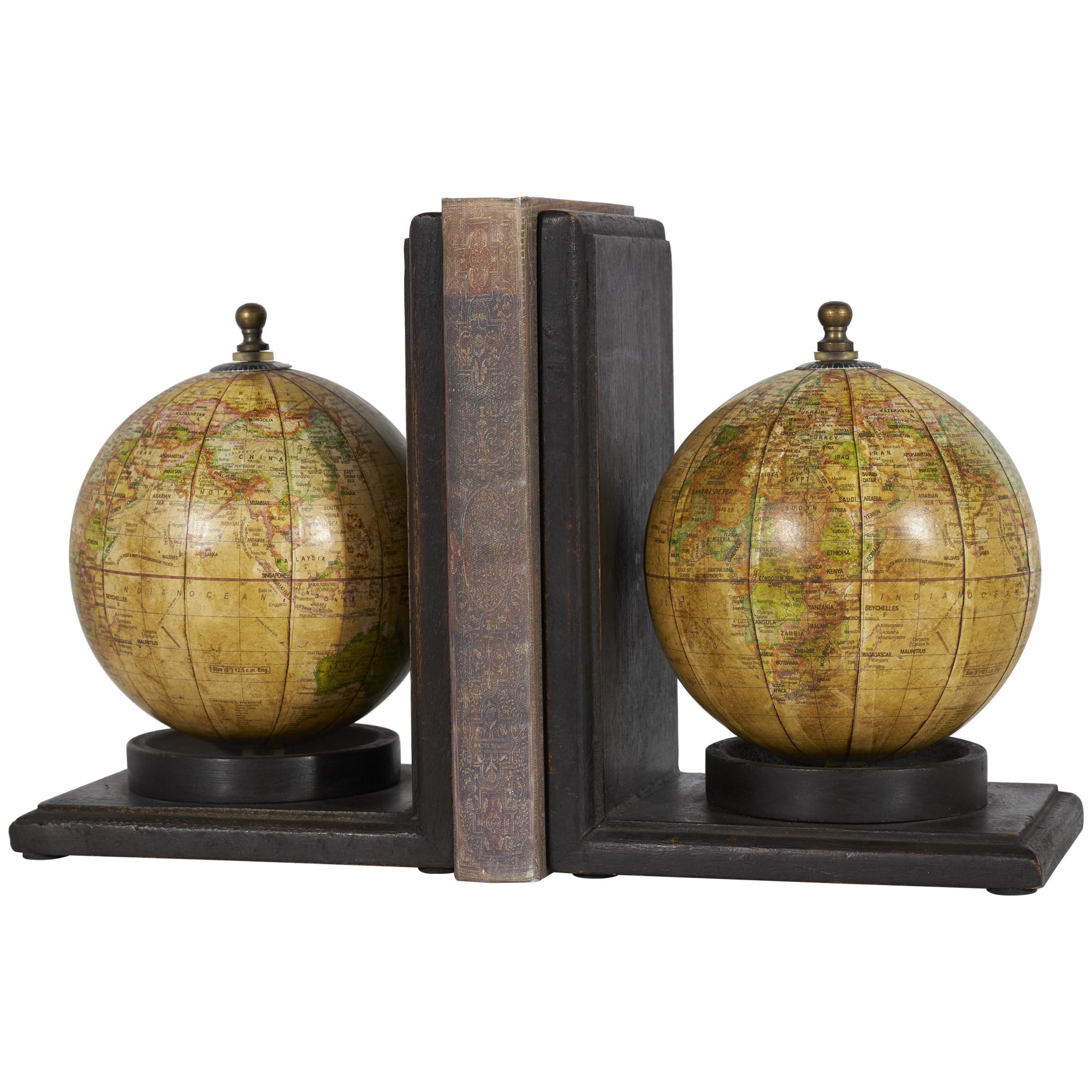 Set of 2 World Map Brown Wood Globe Decorative Bookends
