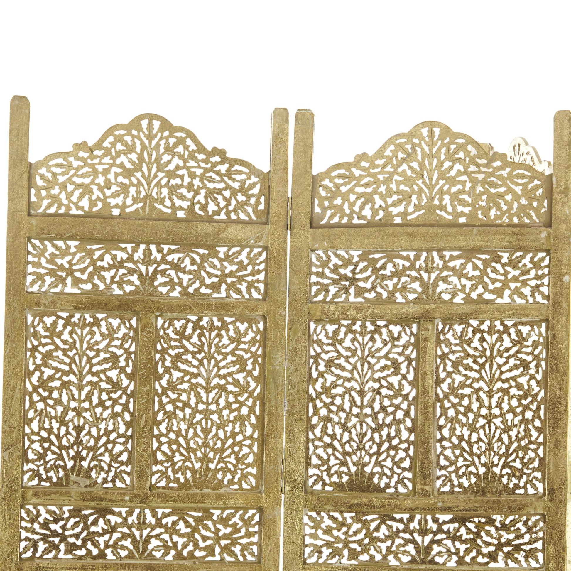 Floral Gold Wooden Handmade Foldable Partition 4 Panel Partition Room Divider Screen with Carved Designs